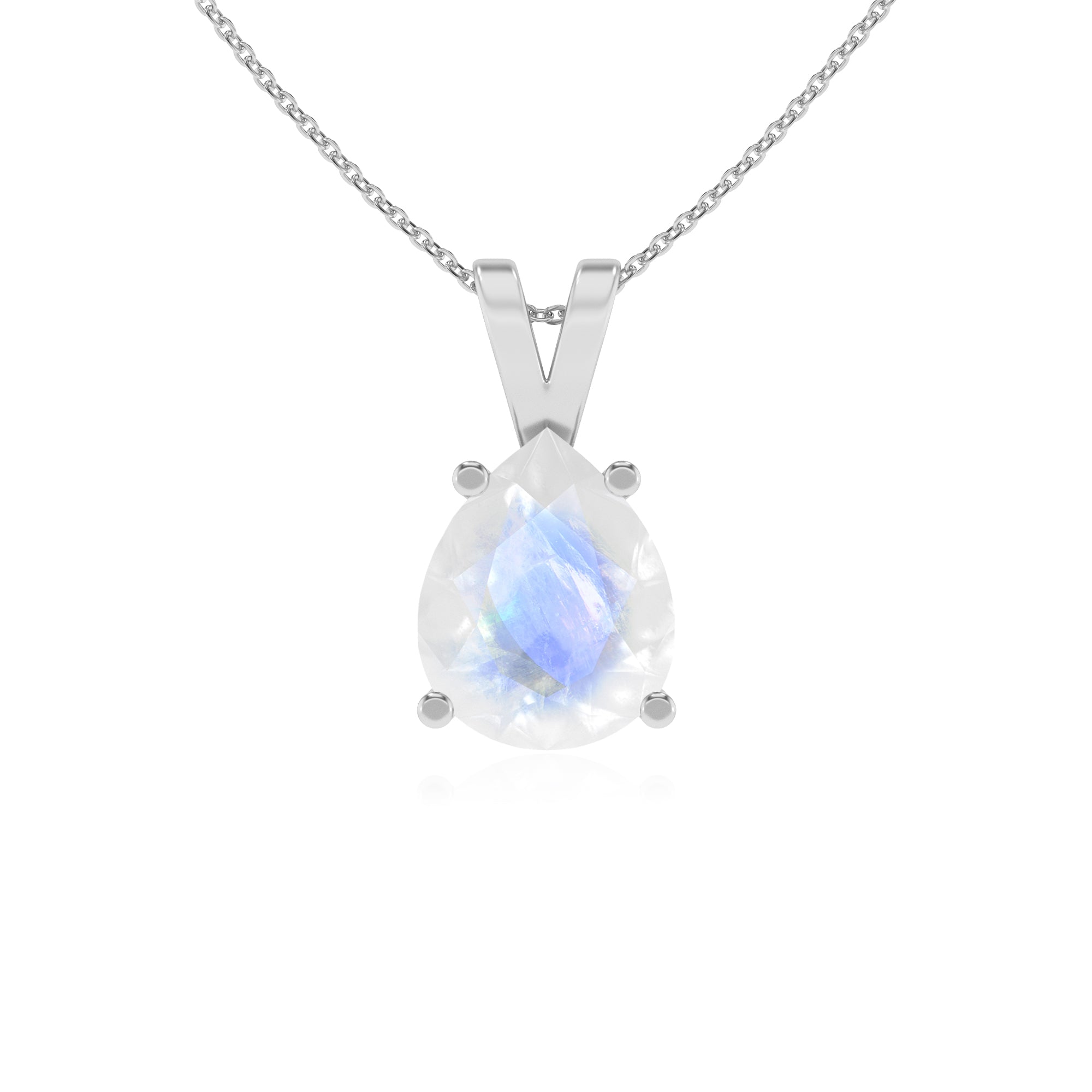 lab grown rainbow moonstone pear shape solitaire v-bale pendant necklace