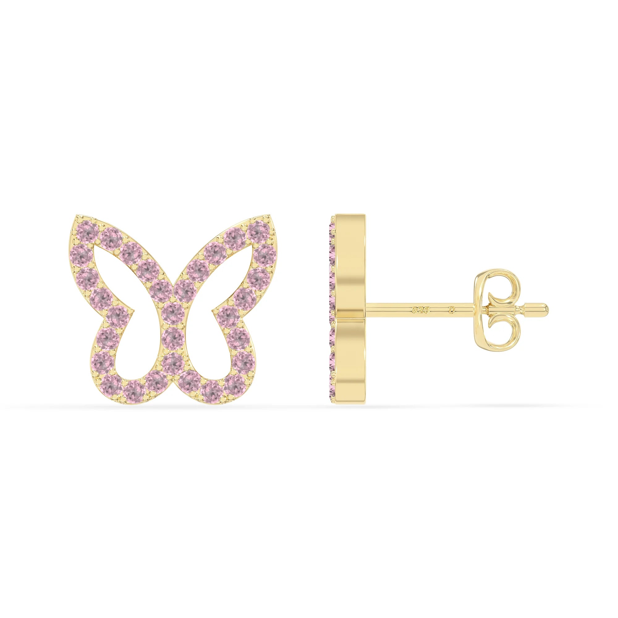 natural pink-tourmaline butterfly stud earrings in yellow gold vermeil 