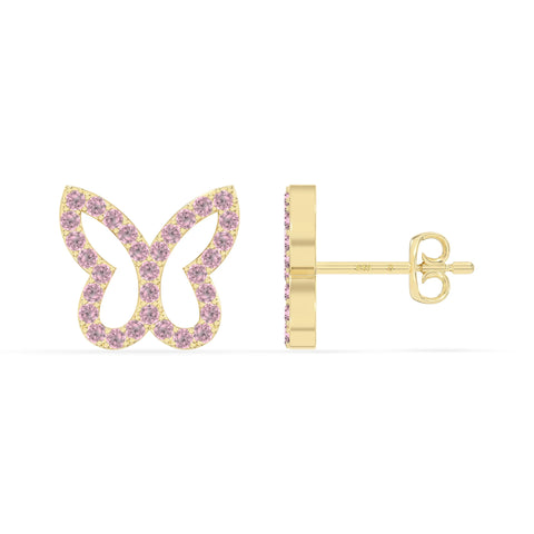 natural pink-tourmaline butterfly stud earrings in yellow gold vermeil 