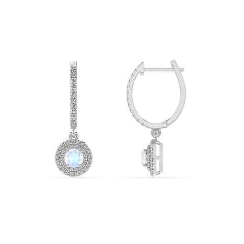 natural rainbow moonstone round double halo earrings with moissanite 