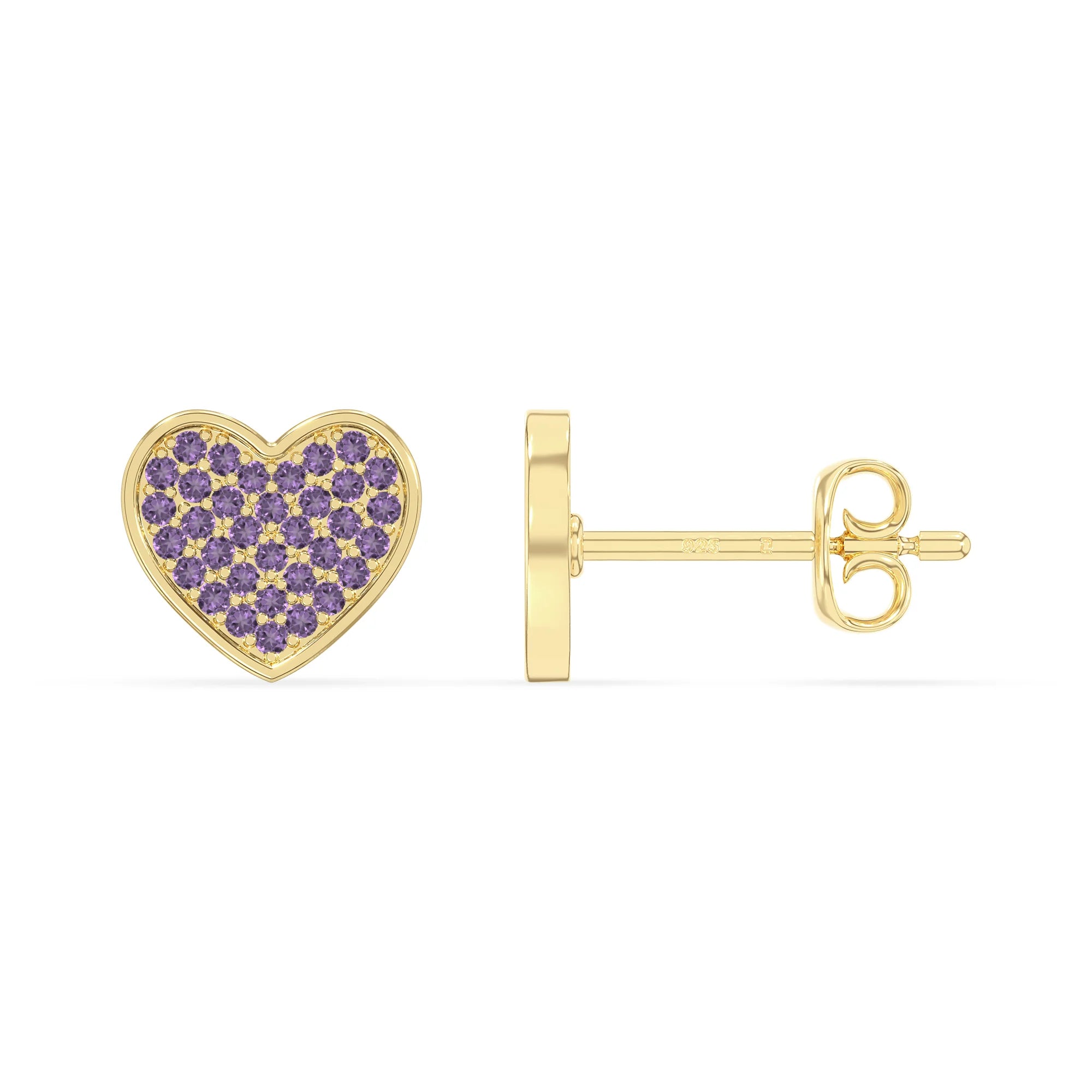 natural amethyst heart stud earrings in yellow gold vermeil 