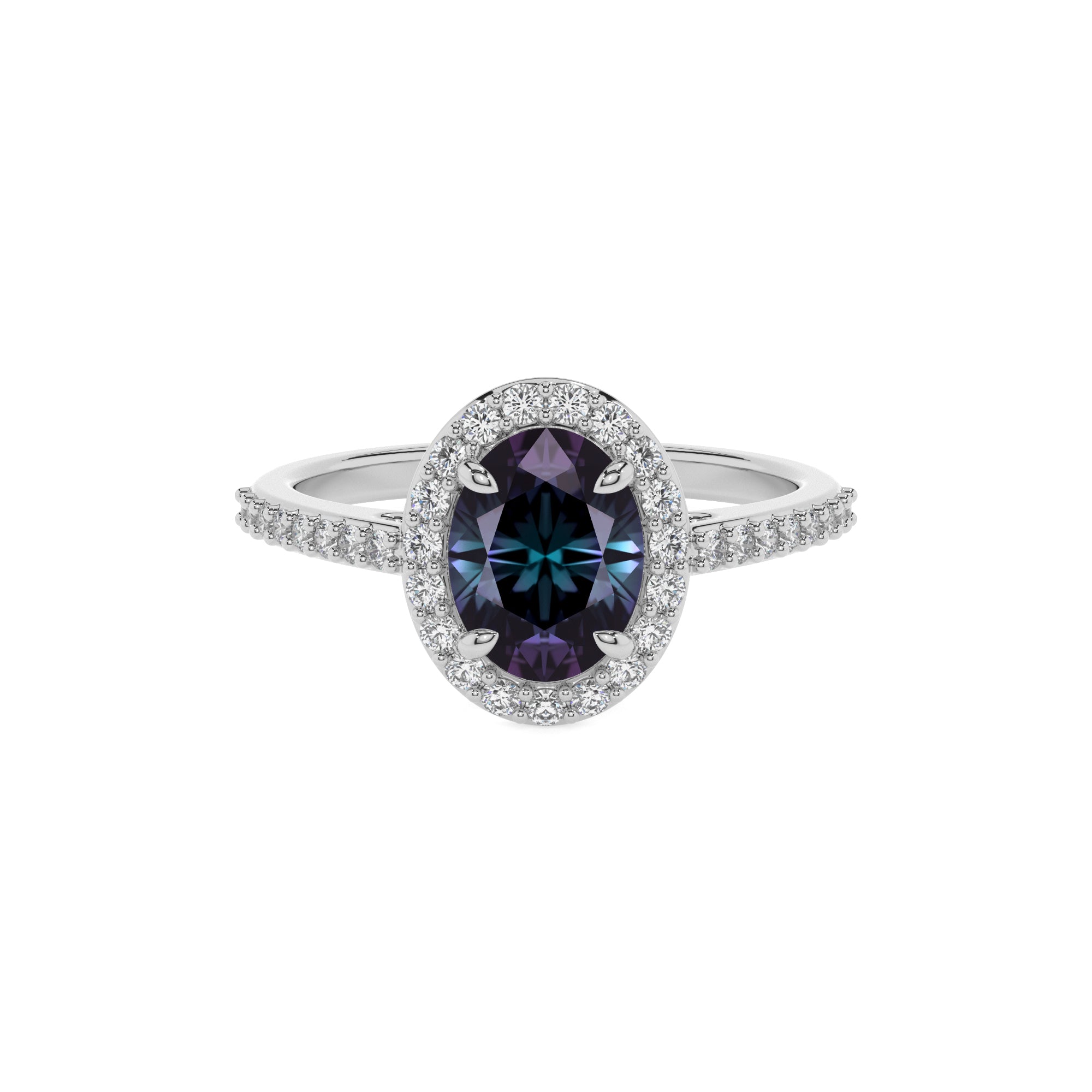 lab grown alexandrite oval half eterity halo solitaire engagement ring