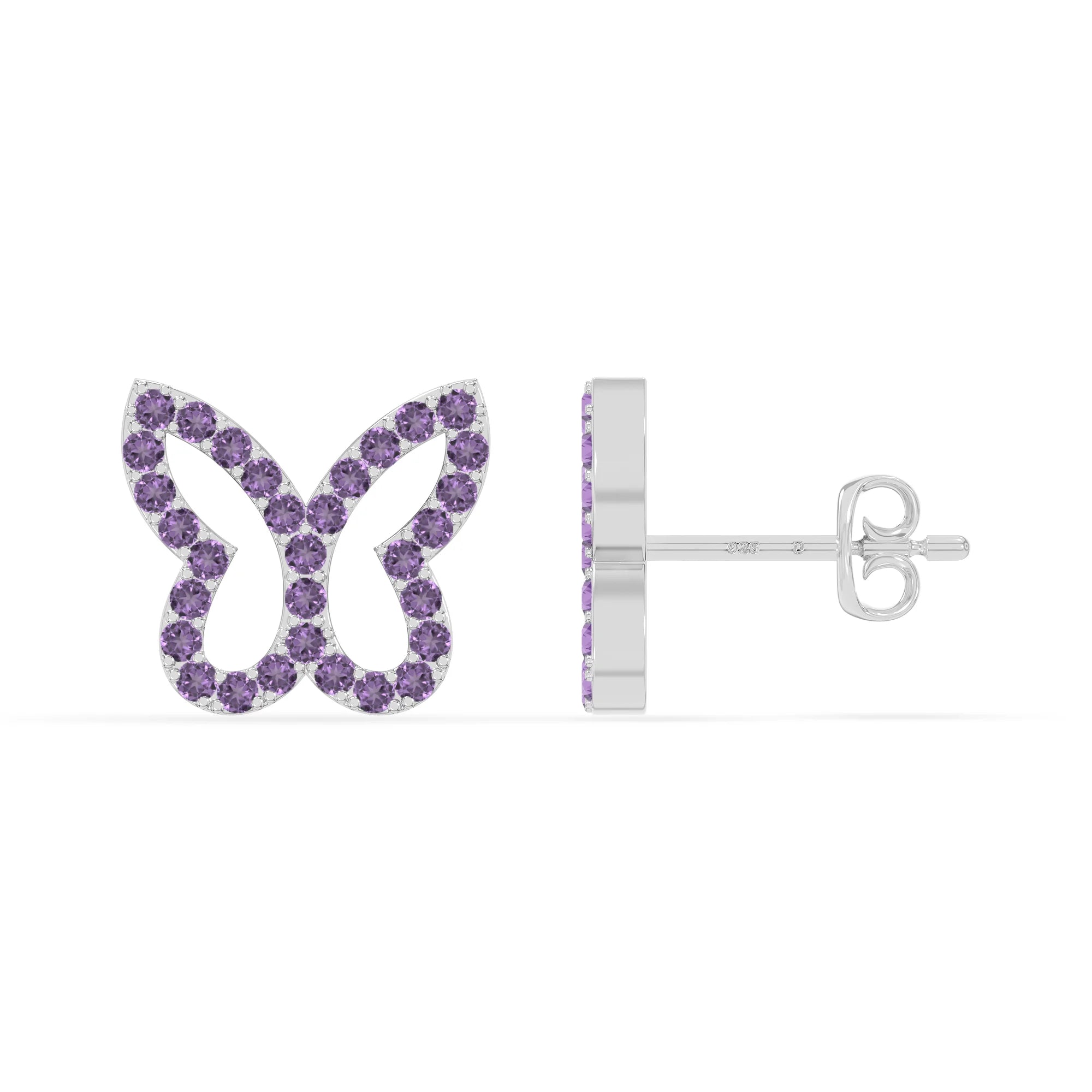 natural amethyst butterfly stud earrings in sterling silver 