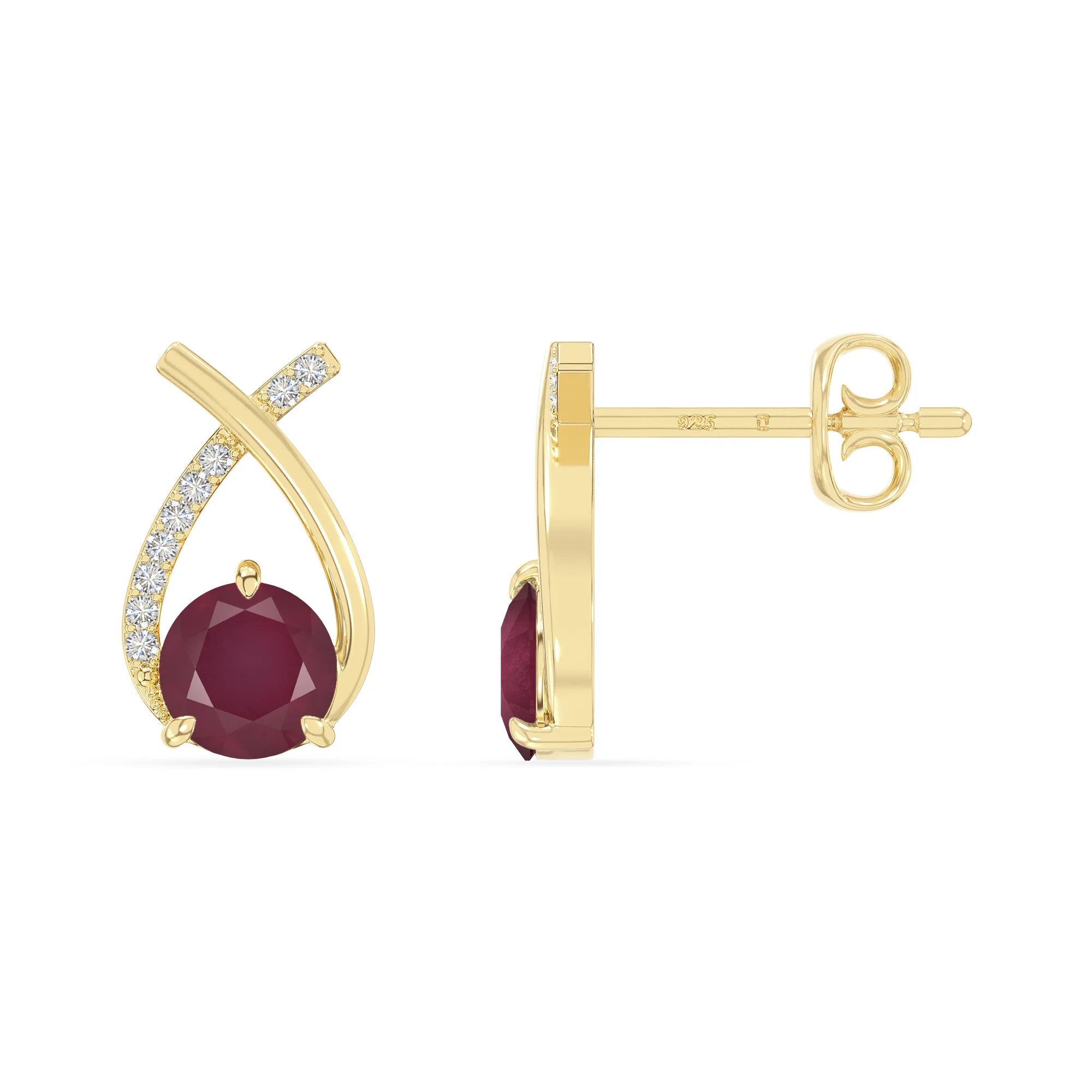 natural ruby fishtail stud earrings in yellow gold vermeil 