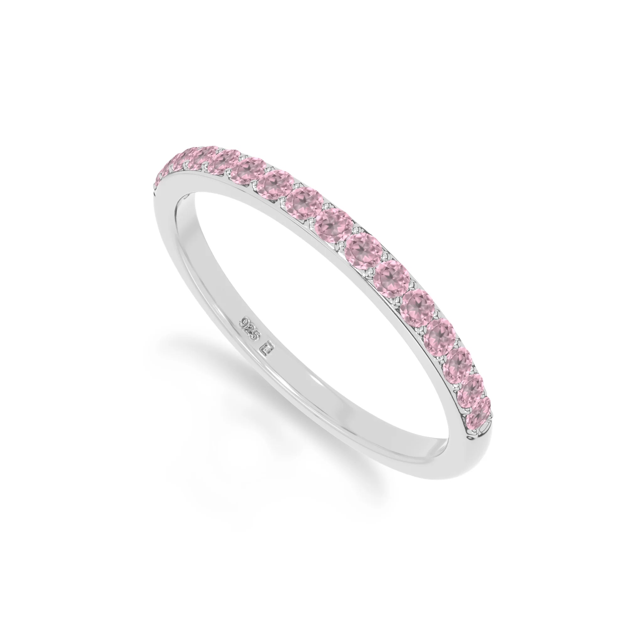 natural pink tourmaline half eternity band rings in sterling silver 