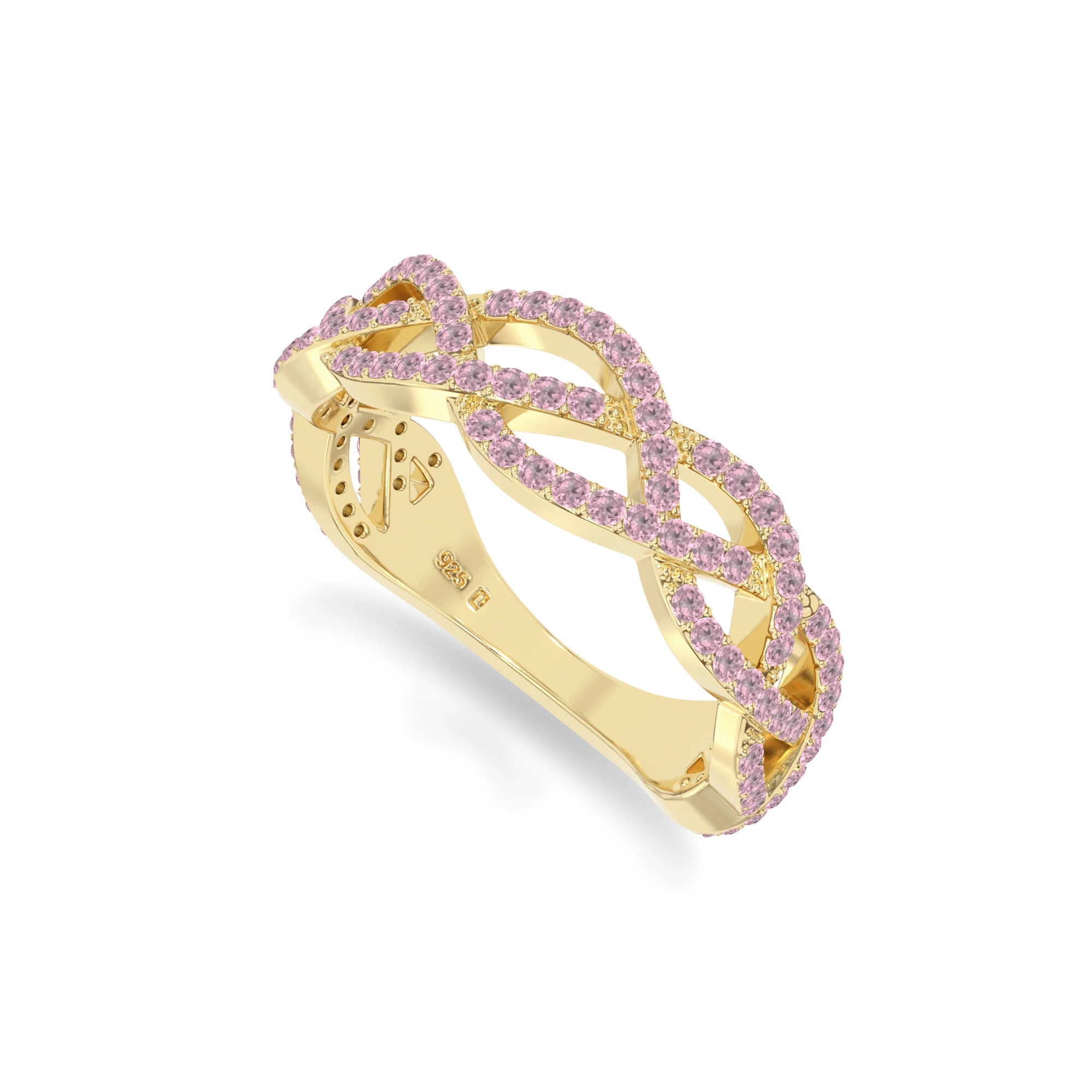 natural pink tourmaline twisted braided wedding band rings in yellow gold vermeil