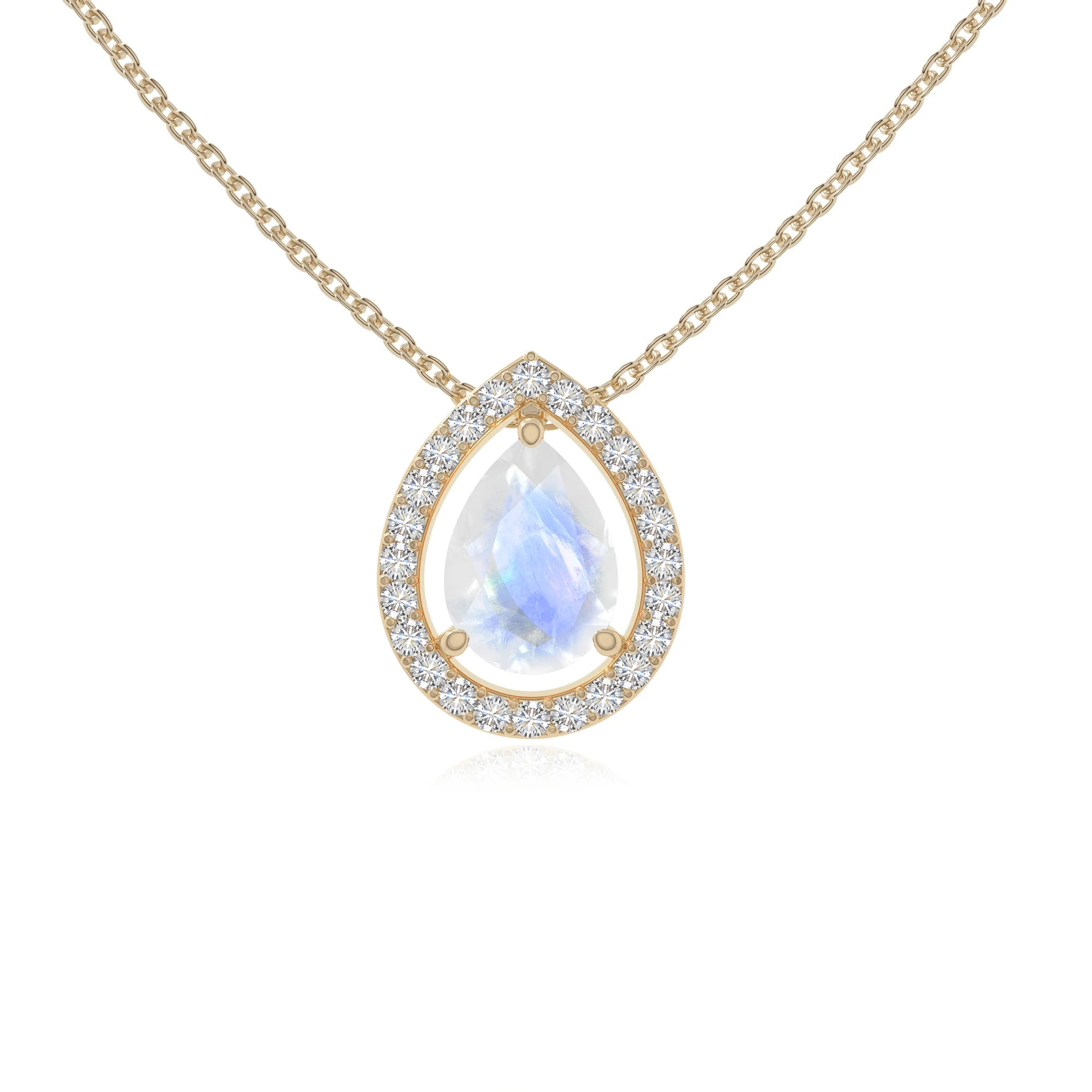 rainbow moonstone solitaire halo necklaces in yellow gold vermeil 