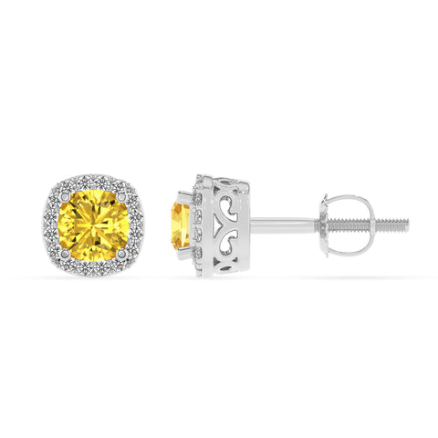 lab grown yellow sapphire cushion stud earrings with moissanite 