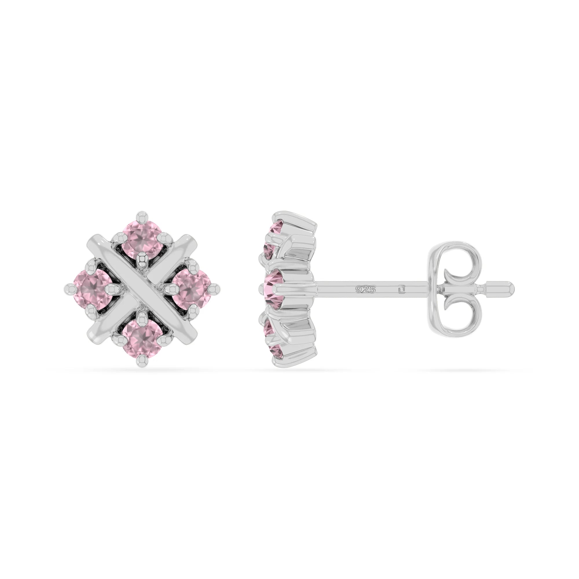 natural pink-tourmaline flower stud earrings in sterling silver 