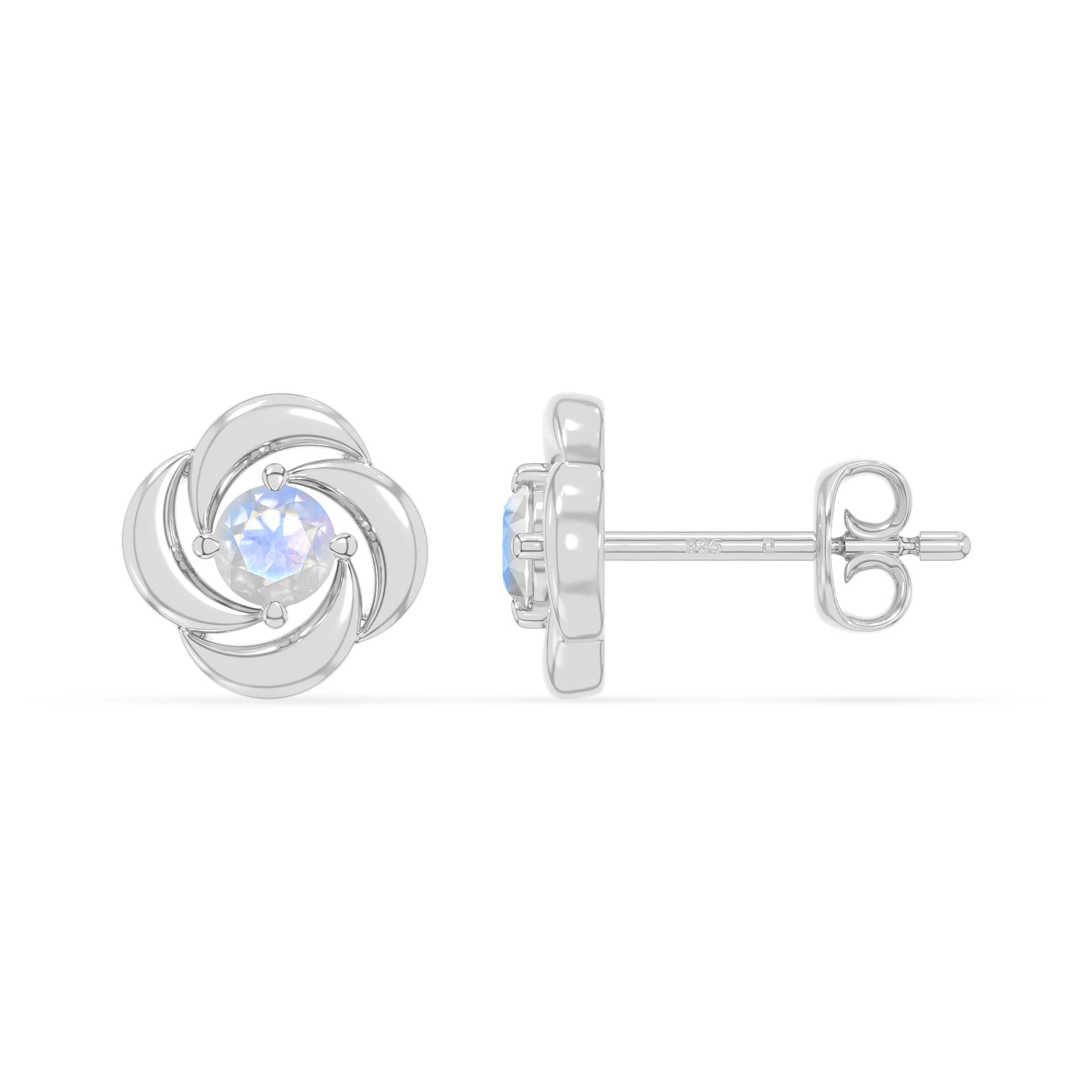 natural rainbow-moonstone flower stud earrings in sterling silver 