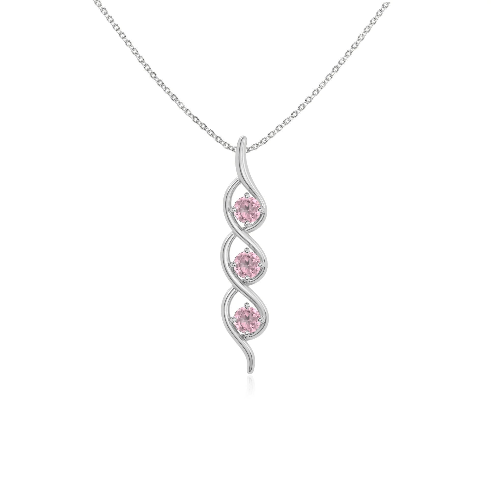 natural pink-tourmaline 3 stone helix necklaces in sterling silver 
