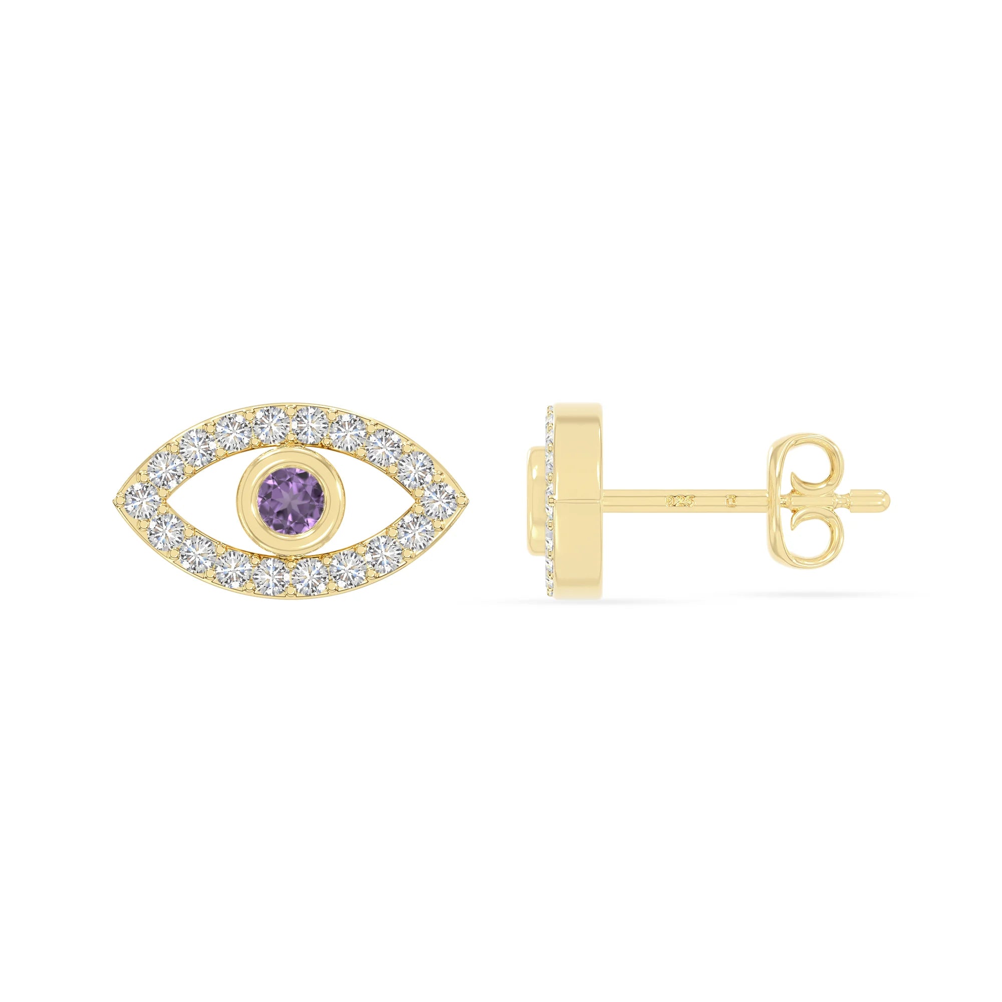 natural amethyst evil eye stud earrings in yellow gold vermeil 