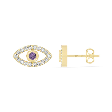 natural amethyst evil eye stud earrings in yellow gold vermeil 