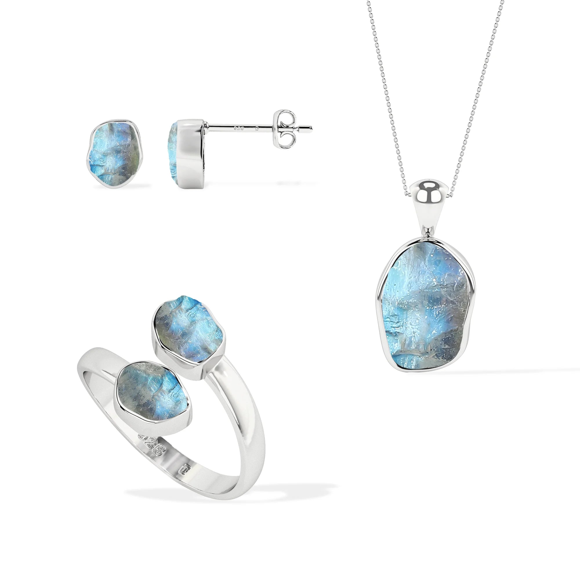 rainbow-moonstone rough shape stackable bezel Jewelry set