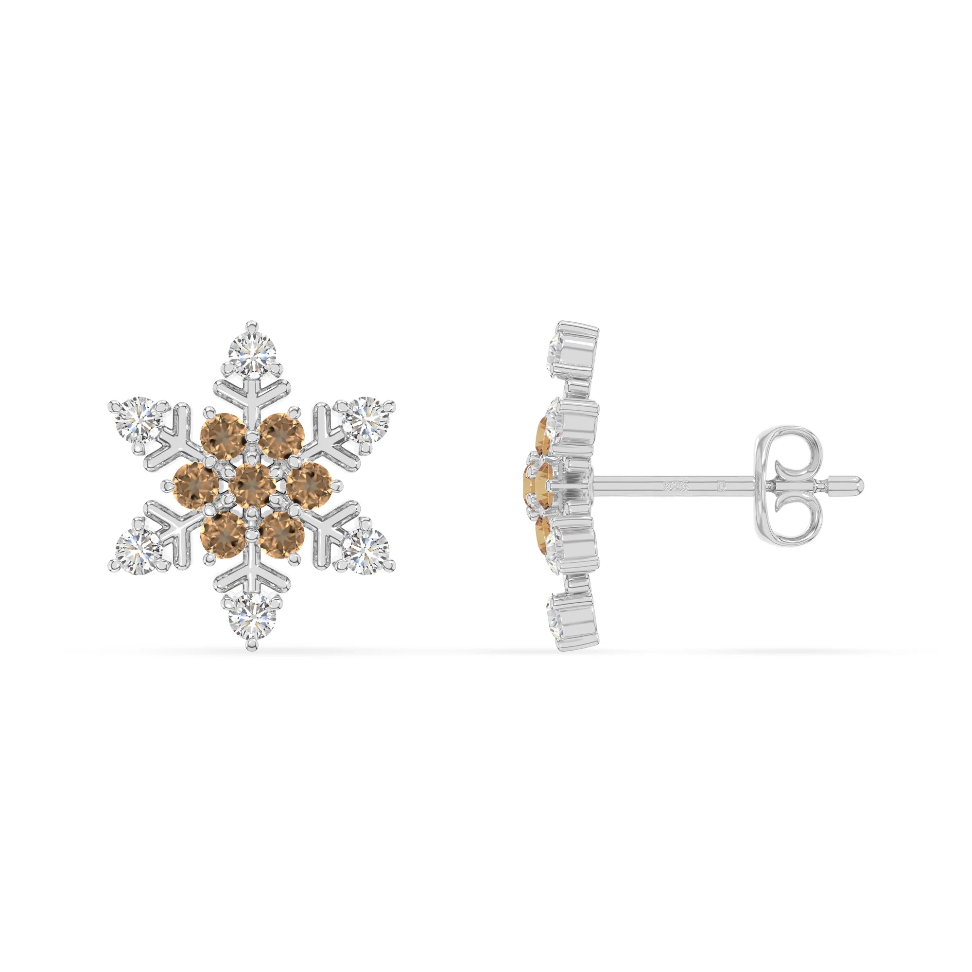 natural citrine snowflake stud earrings in sterling silver 