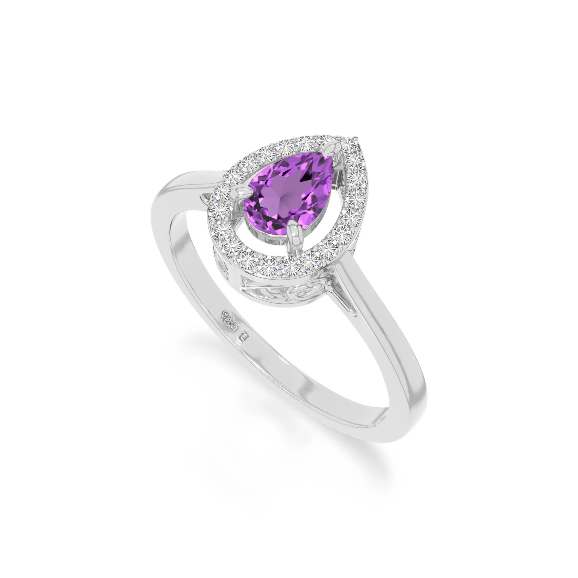 natural amethyst solitaire halo engagement rings in sterling silver 