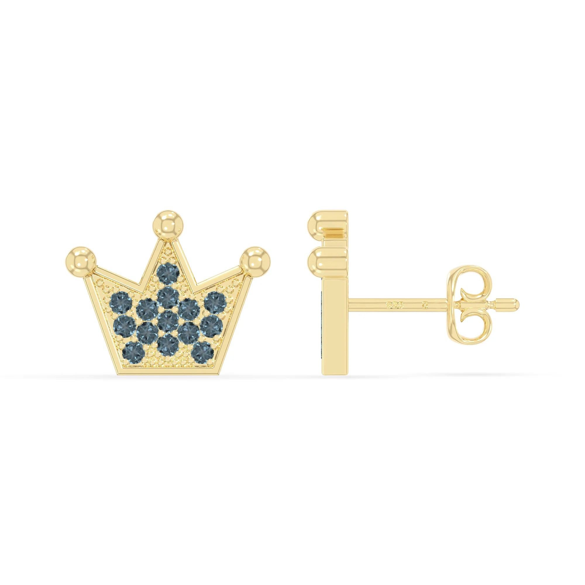 natural london-blue-topaz crown stud earrings in yellow gold vermeil 