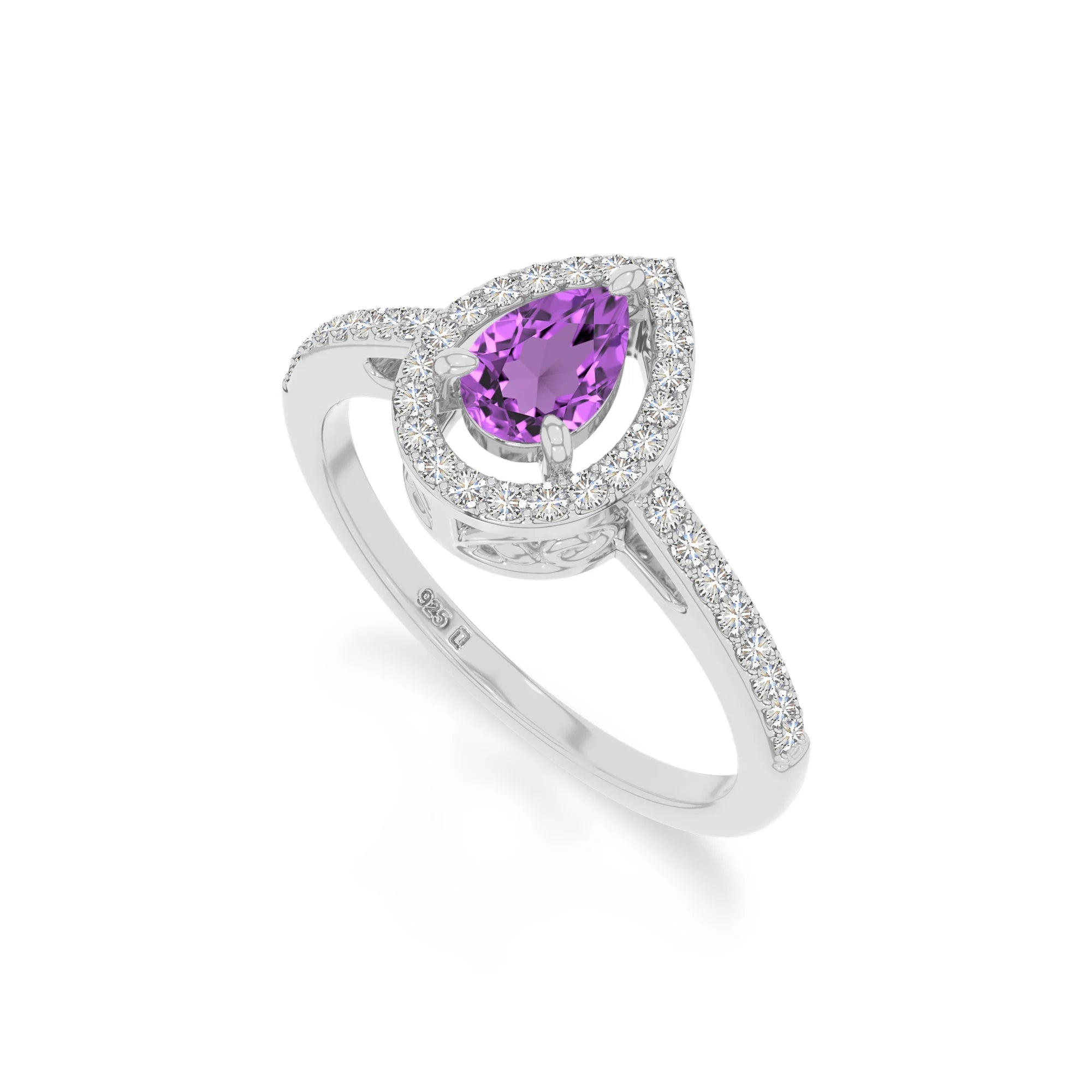 natural amethyst solitaire halo engagement rings in sterling silver 