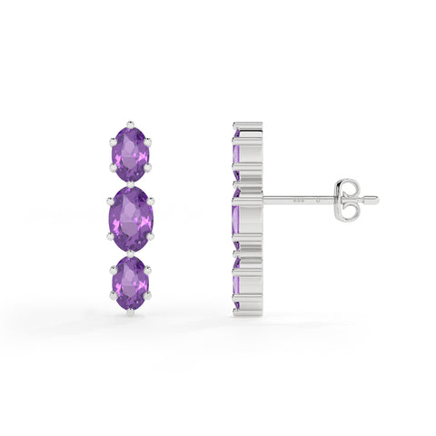 natural amethyst oval shape 3 stone earrings