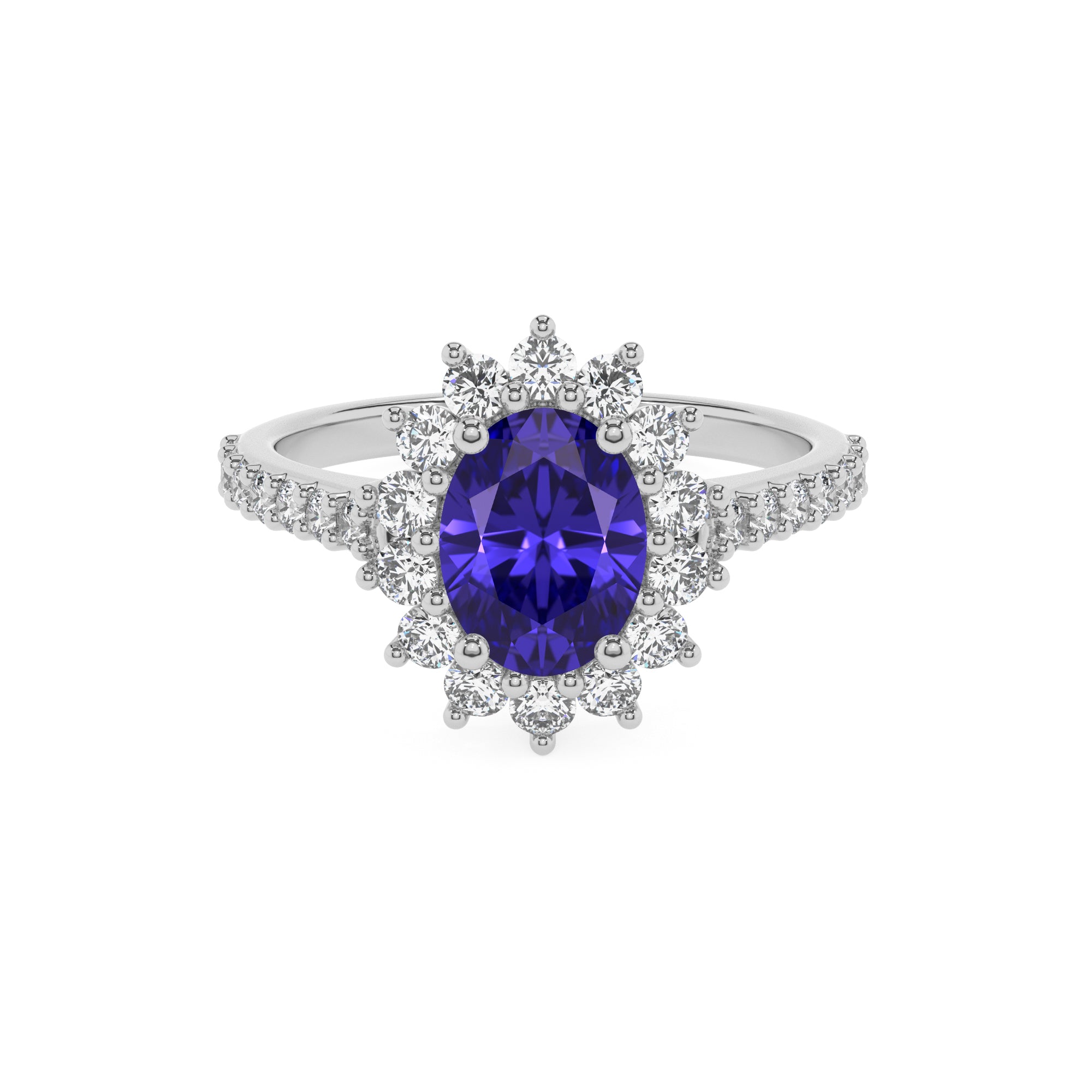 lab-grown tanzanite oval half eterity halo solitaire engagement ring