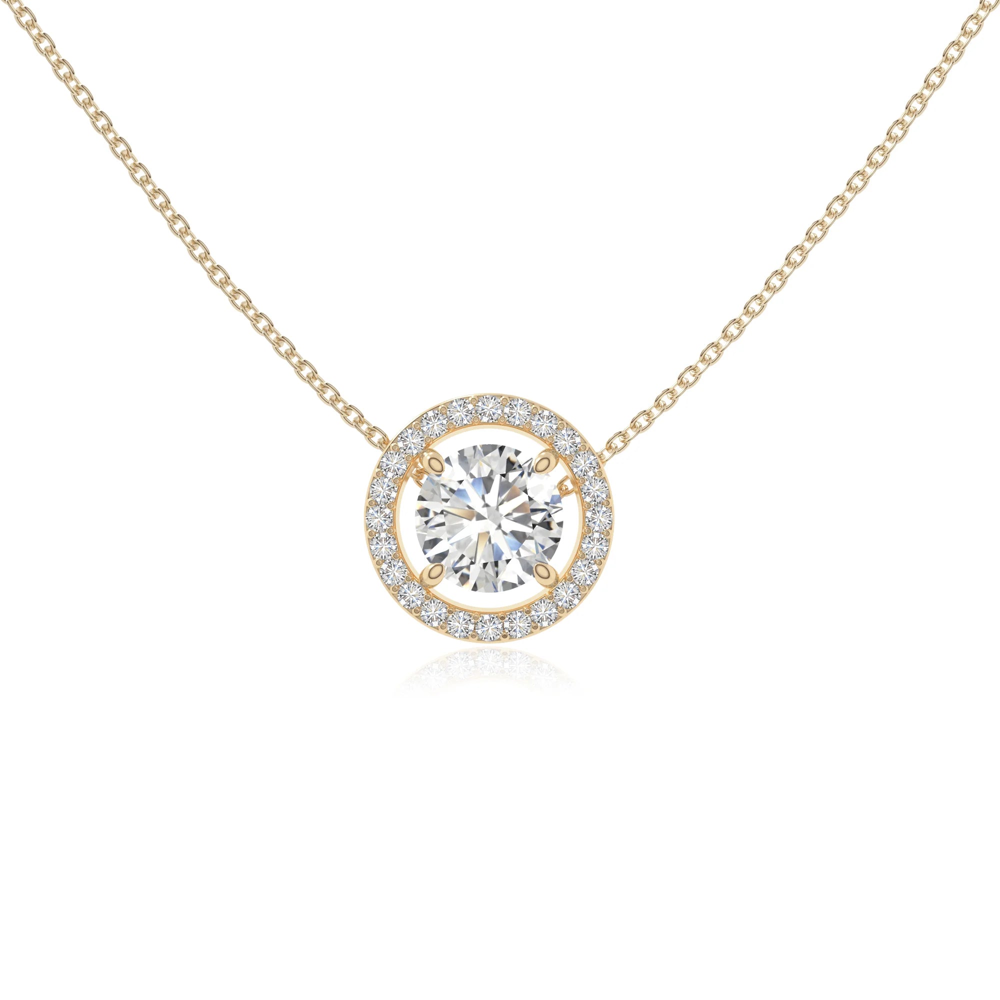 moissanite solitaire halo necklaces in yellow gold vermeil 