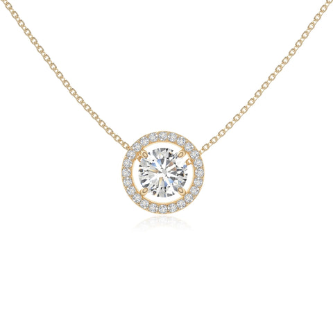 moissanite solitaire halo necklaces in yellow gold vermeil 