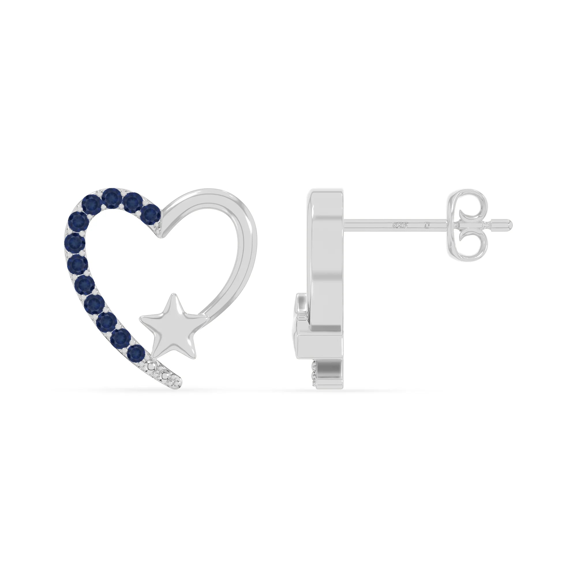 natural blue-sapphire heart-star stud earrings in sterling silver 
