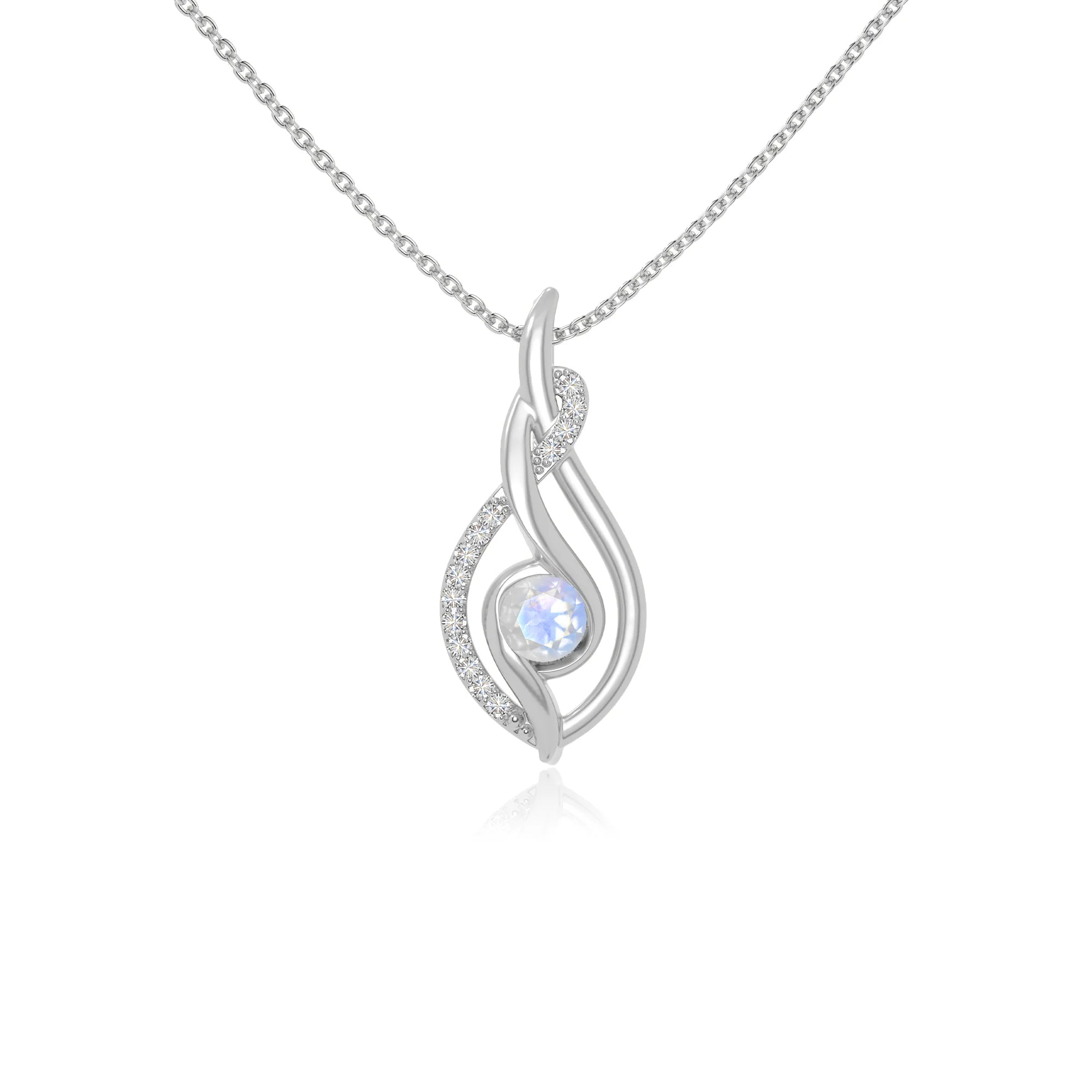 rainbow moonstone twisted infinty knot necklaces in sterling silver 