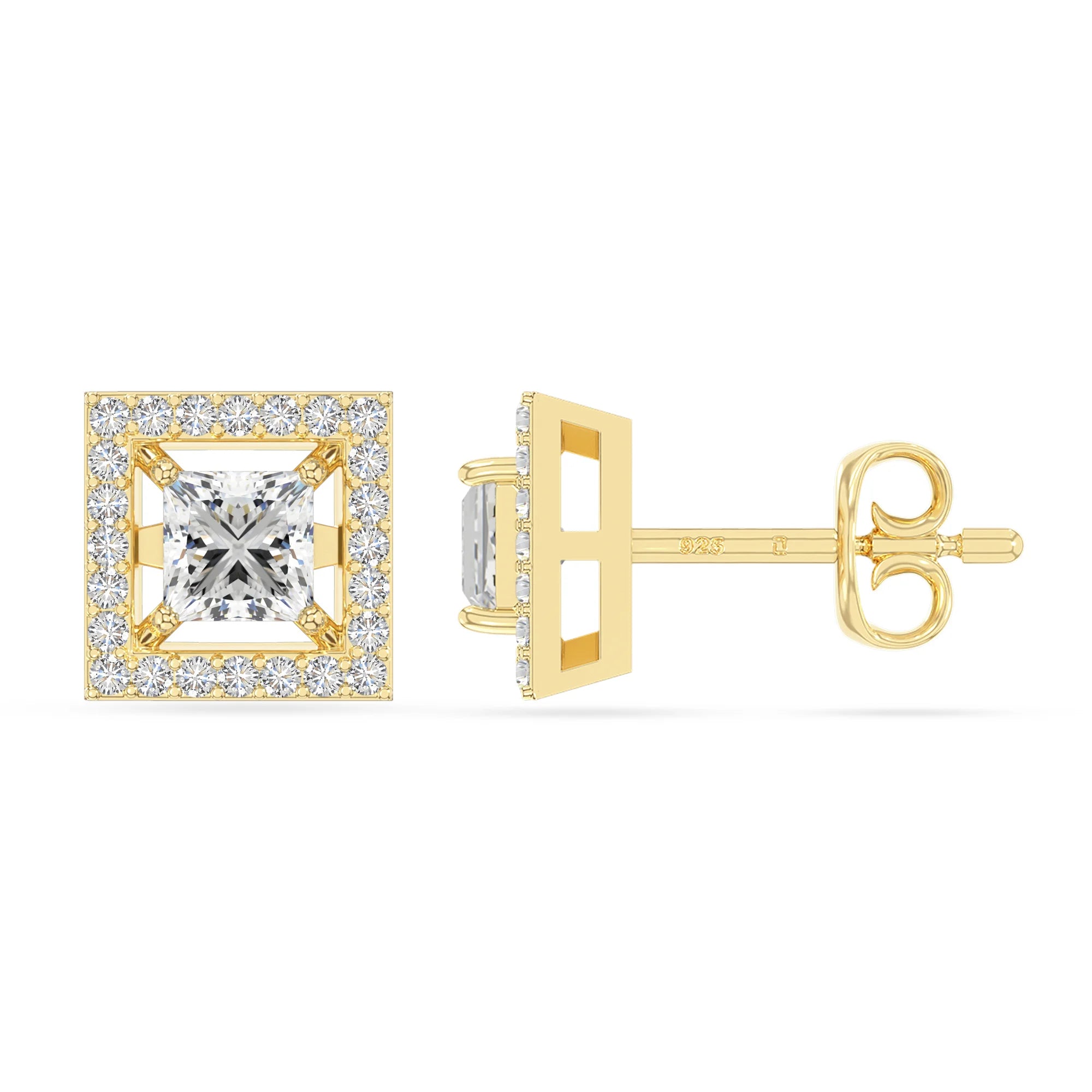 moissanite halo stud earrings in yellow gold vermeil 