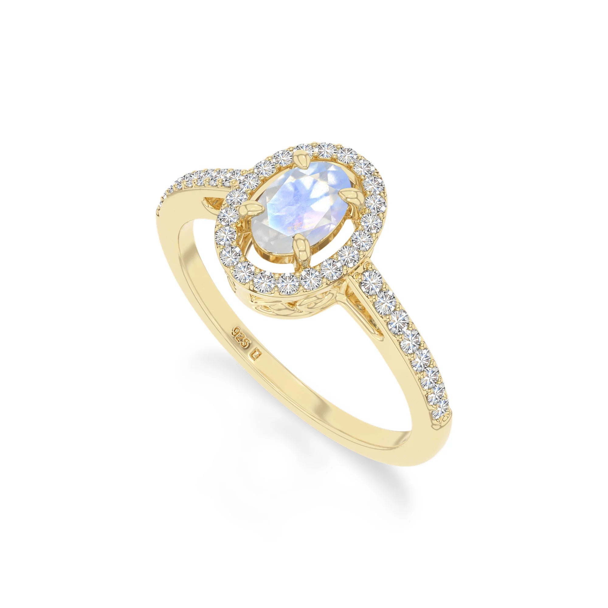 natural rainbow moonstone solitaire halo engagement rings in yellow gold vermeil