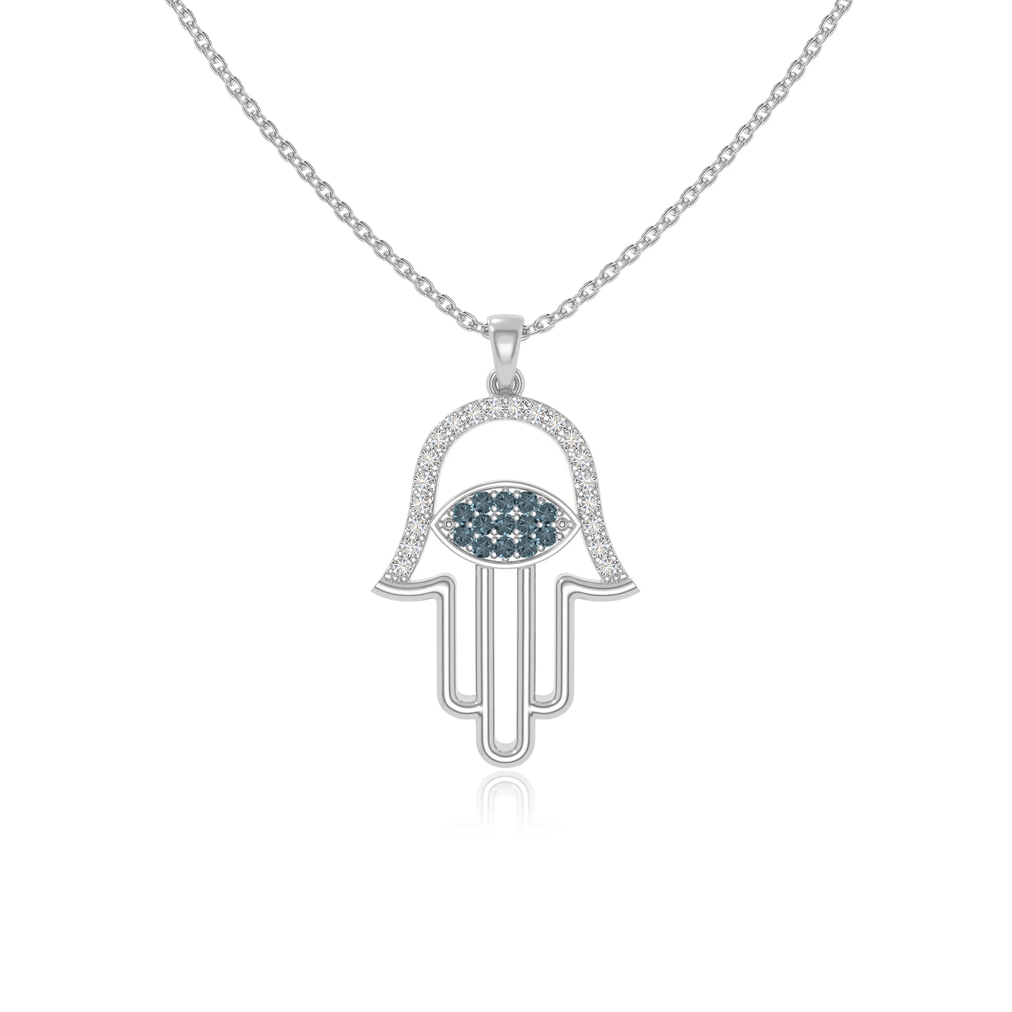 natural london-blue-topaz evil eye hamsa hand necklaces in sterling silver 