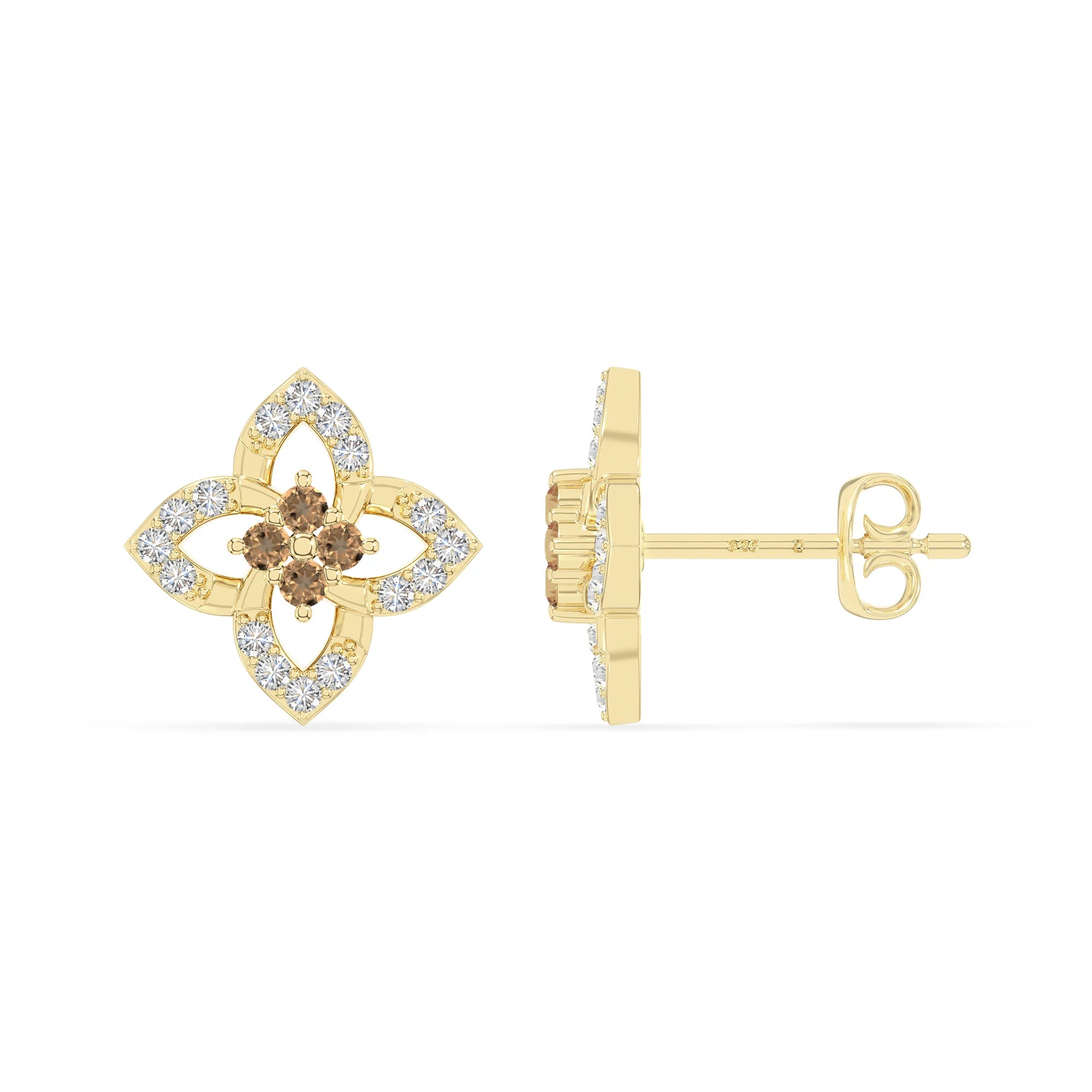 natural citrine 4 petal flower stud earrings in yellow gold vermeil 