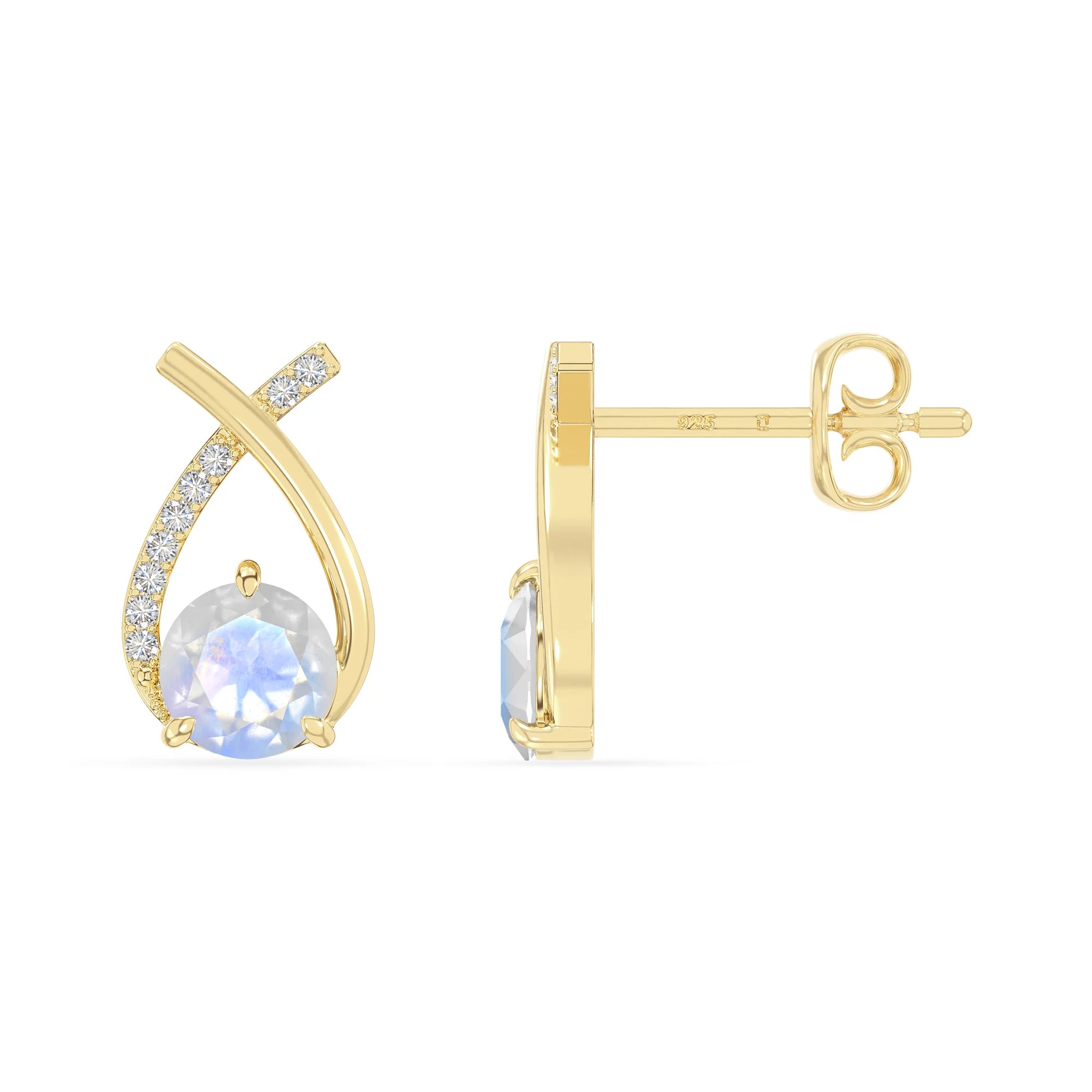 natural rainbow-moonstone fishtail stud earrings in yellow gold vermeil 