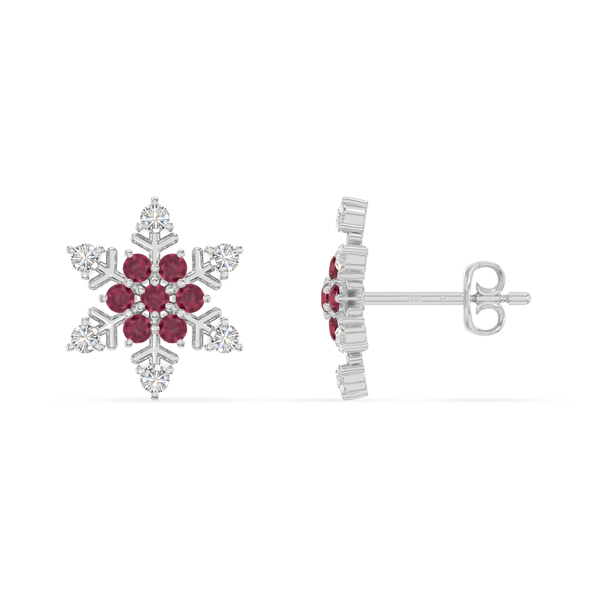 natural ruby snowflake stud earrings in sterling silver 