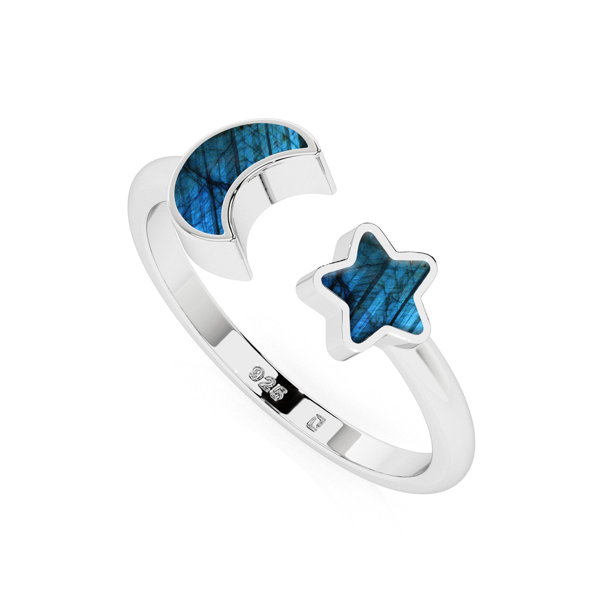 labradorite moon, star shape stackable bezel-set ring