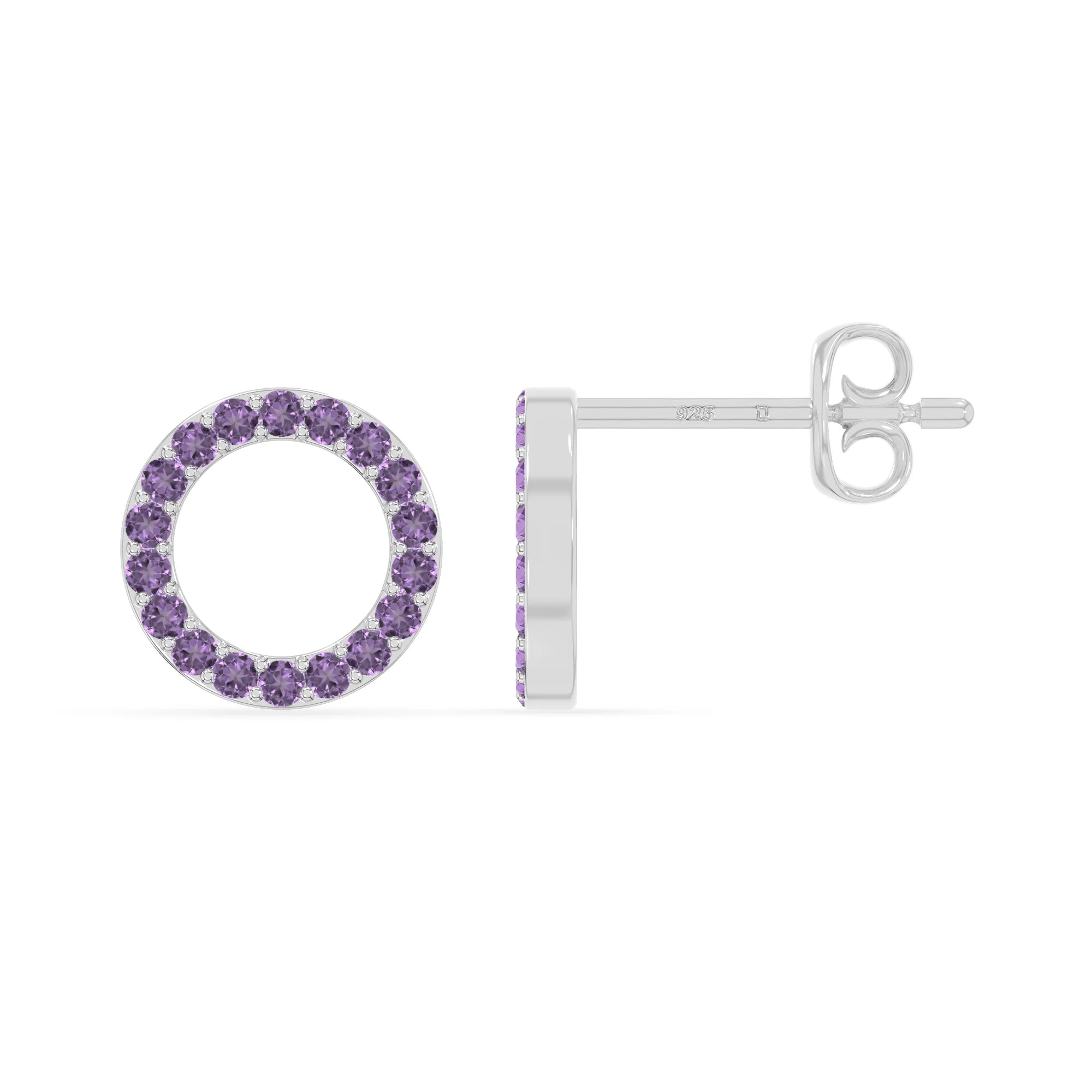 natural amethyst circle stud earrings in sterling silver 
