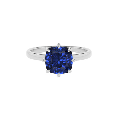 lab-grown blue-sapphire cushion solitaire engagement ring