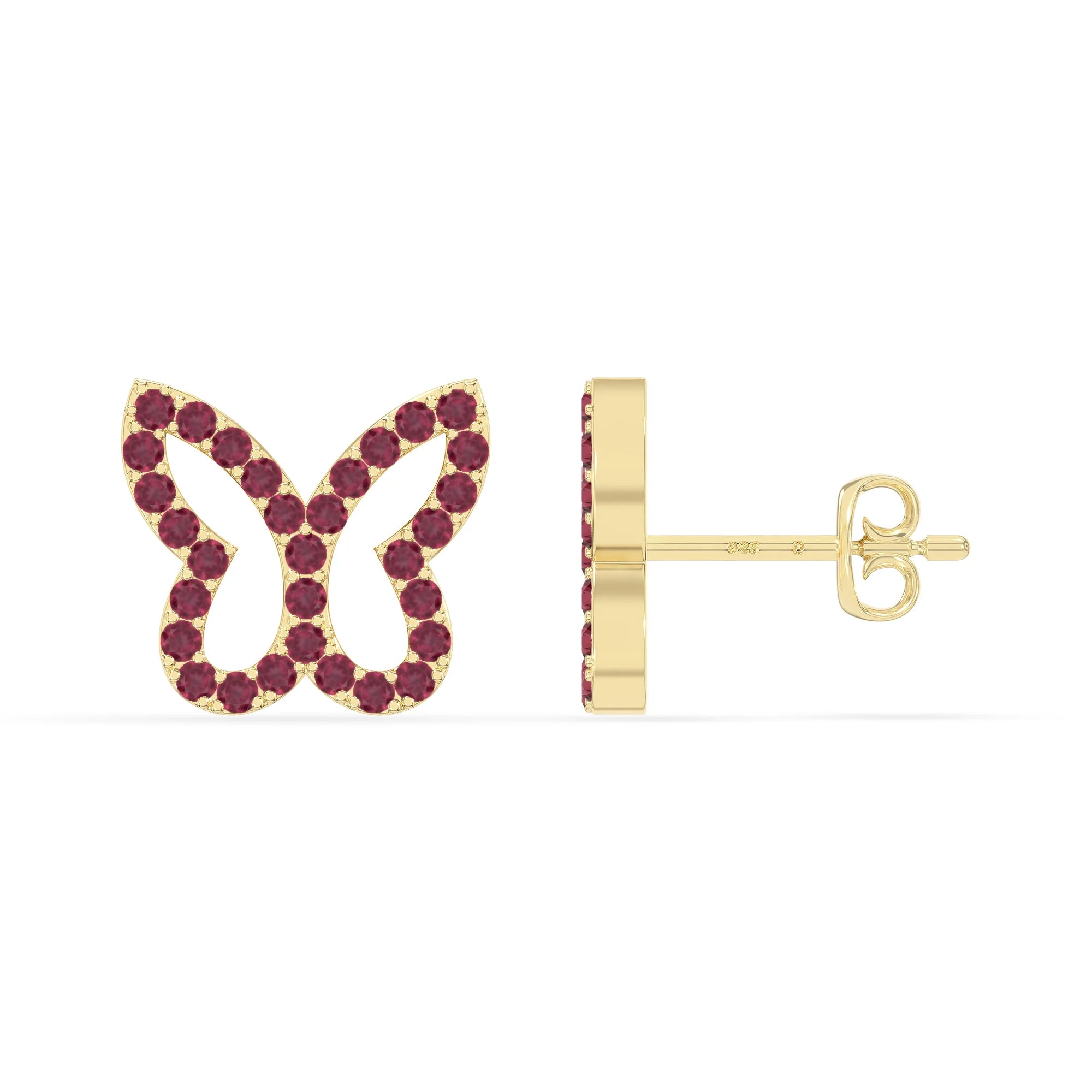 natural ruby butterfly stud earrings in yellow gold vermeil 