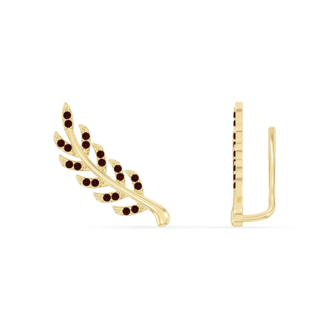 natural garnet leaf climber earrings in yellow gold vermeil 