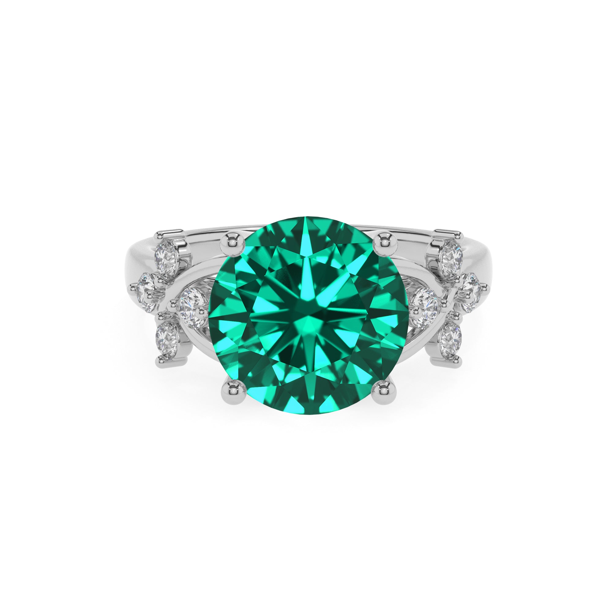 lab-grown emerald round criss cross solitaire engagement ring