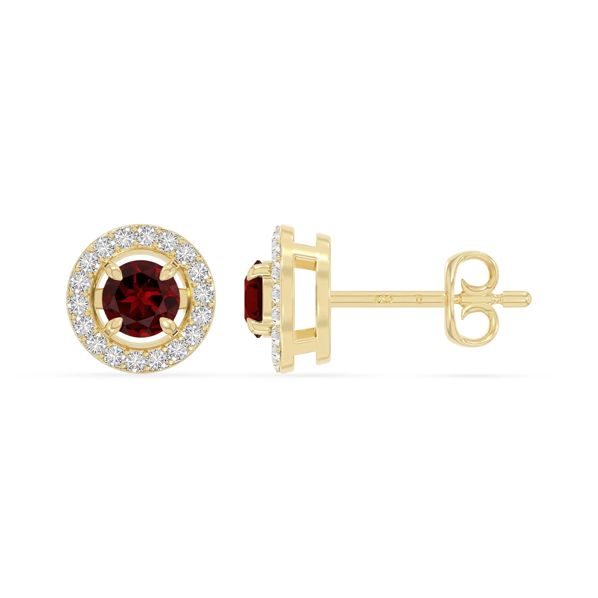 natural garnet halo stud earrings in yellow gold vermeil 