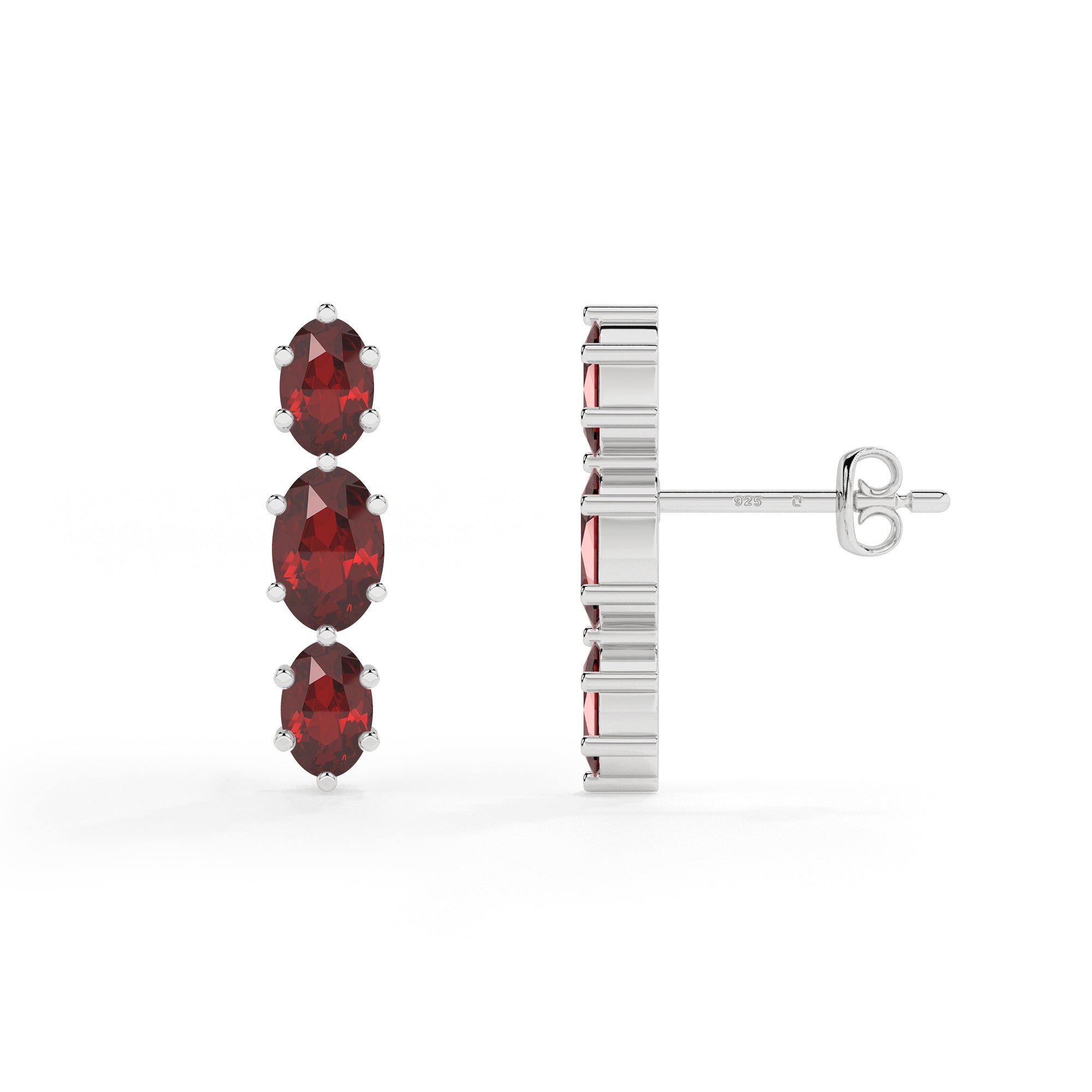 natural red garnet oval shape 3 stone earrings