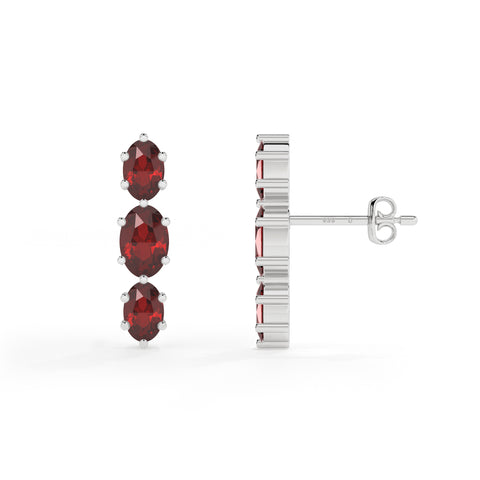 natural red garnet oval shape 3 stone earrings