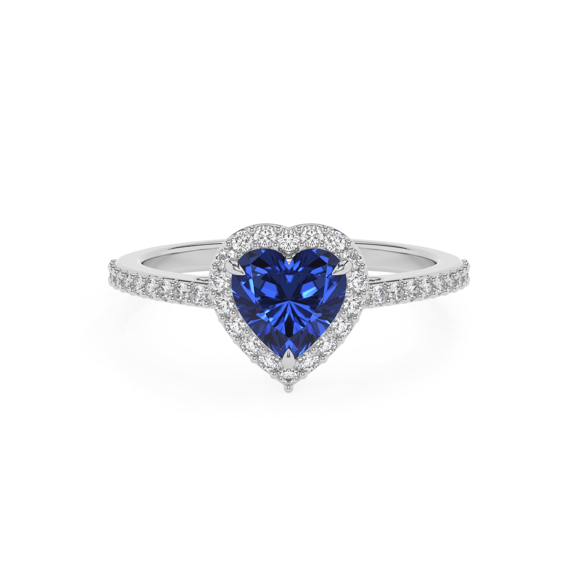 lab-grown blue-sapphire heart half eterity halo solitaire engagement ring