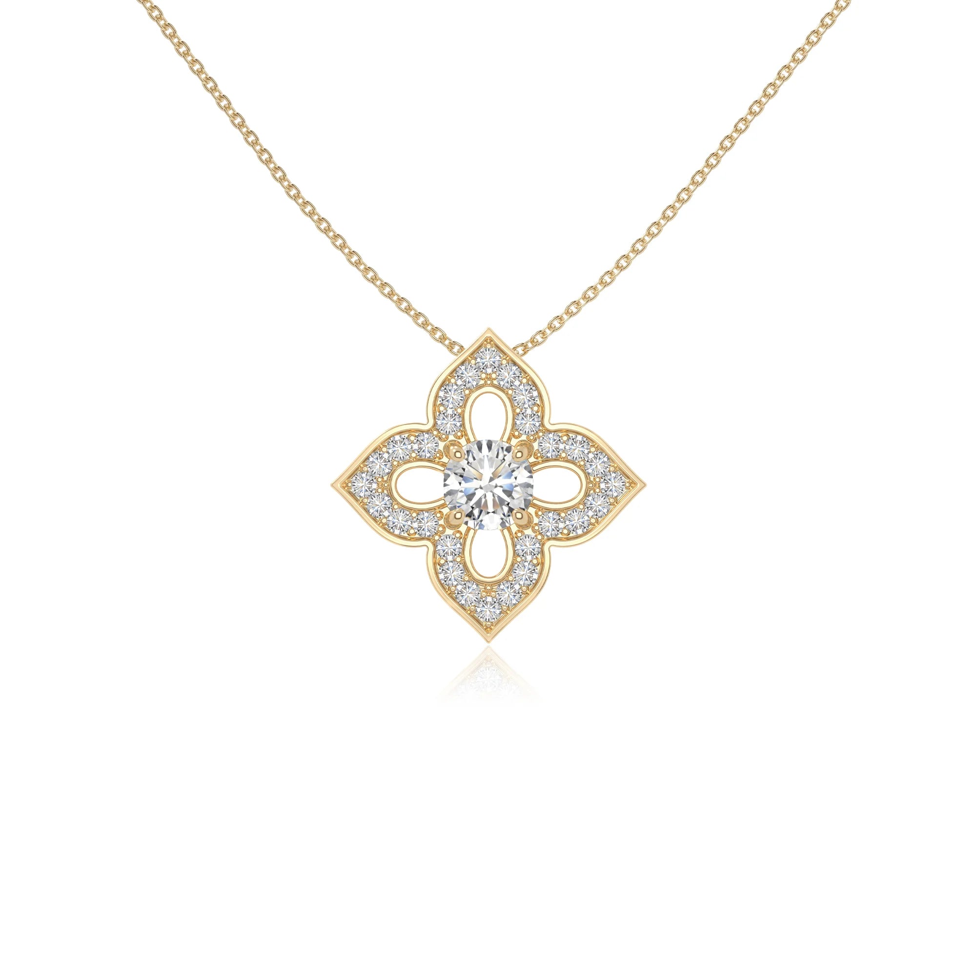 moissanite 4 petal flower necklaces in yellow gold vermeil 