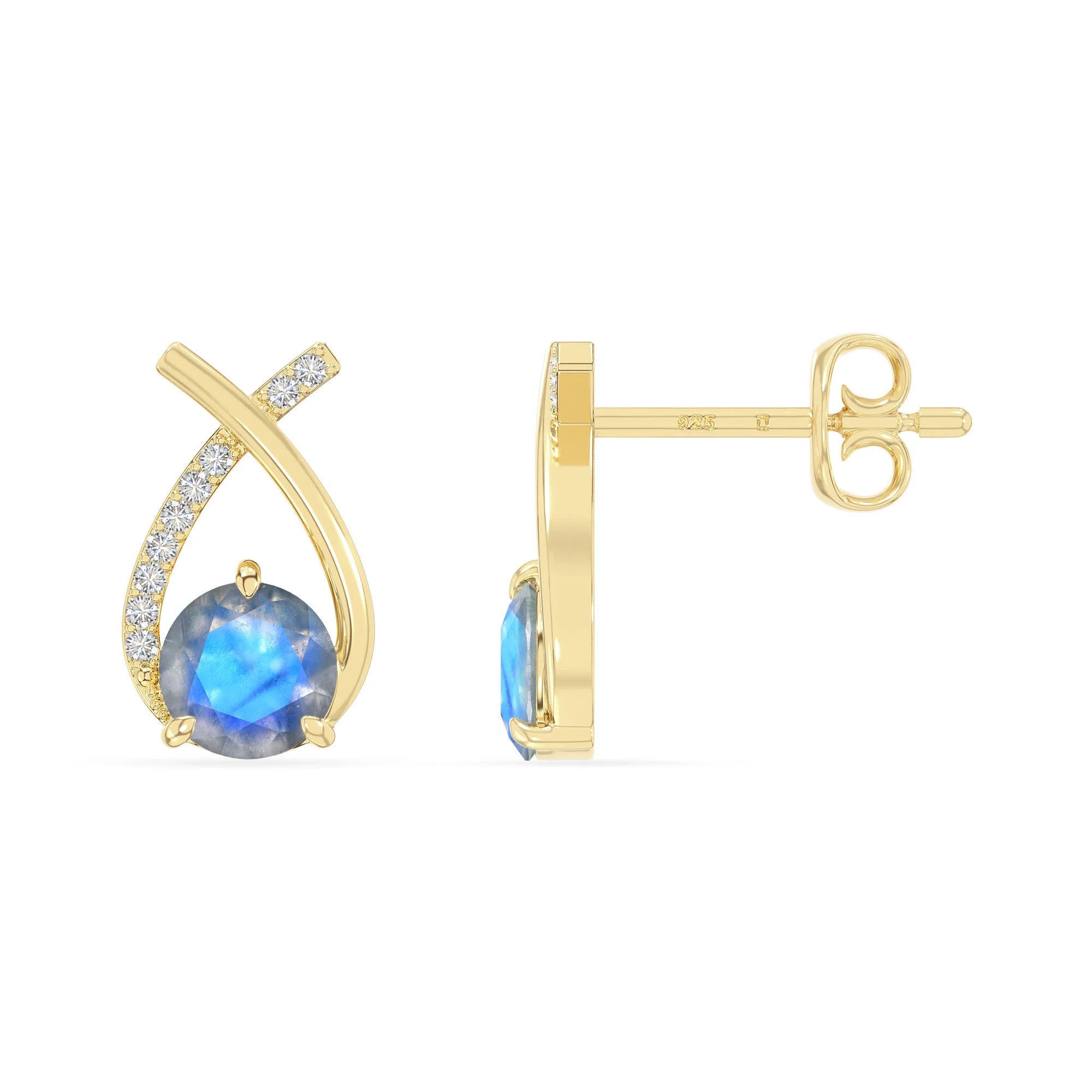 natural labradorite fishtail stud earrings in yellow gold vermeil 