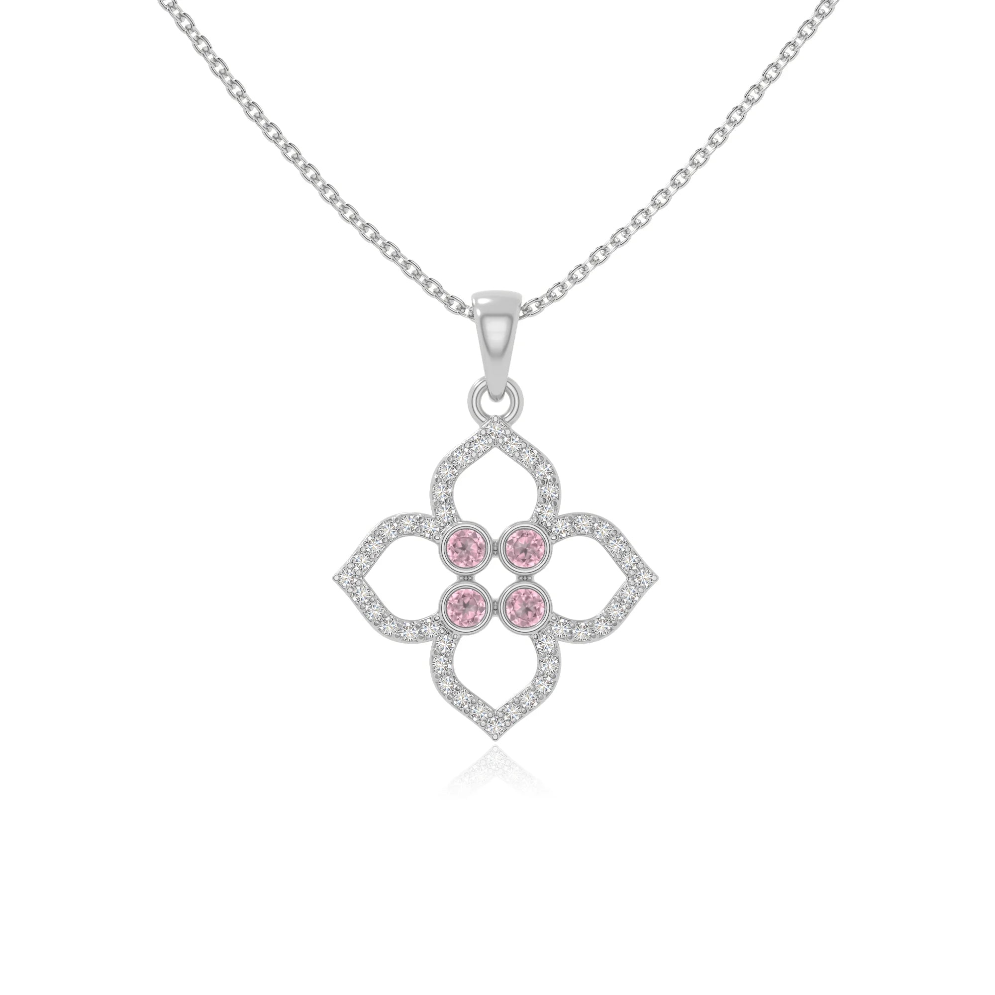 natural pink-tourmaline 4 petal flower necklaces in sterling silver 