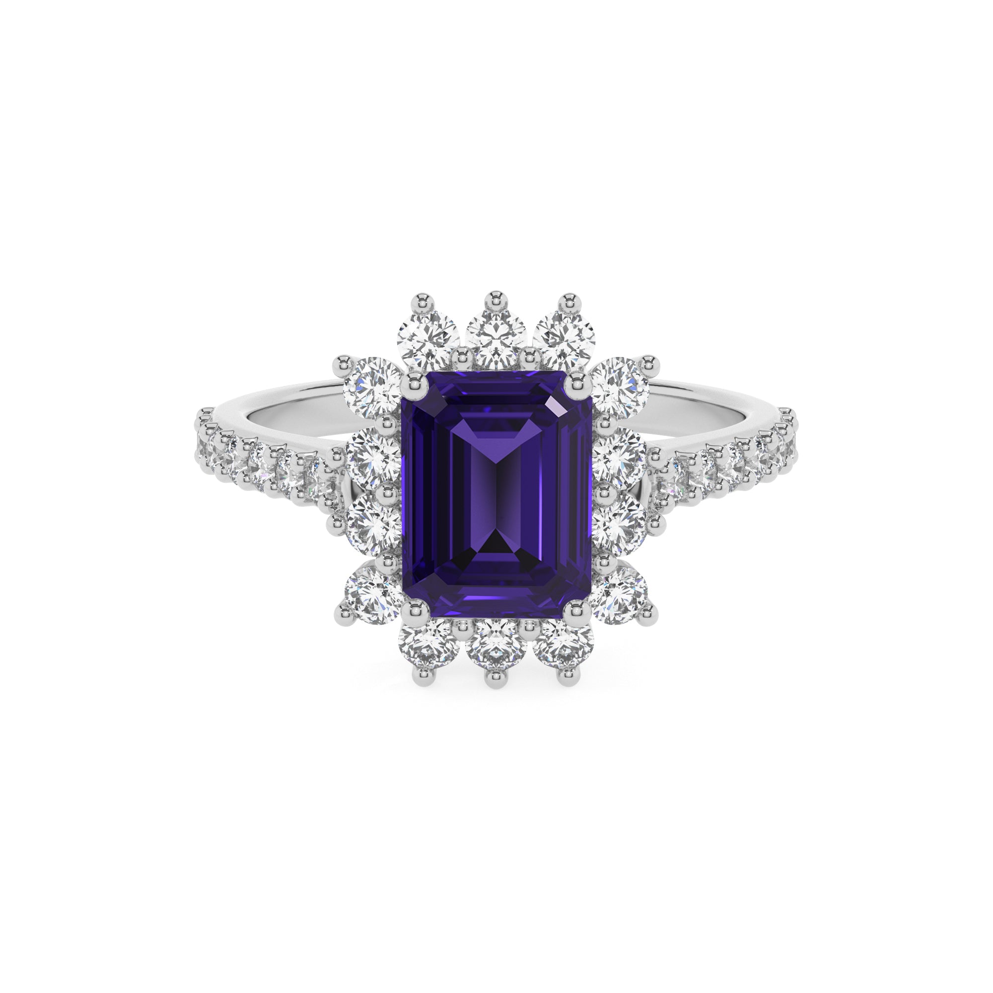 lab-grown tanzanite emerald half eterity halo solitaire engagement ring