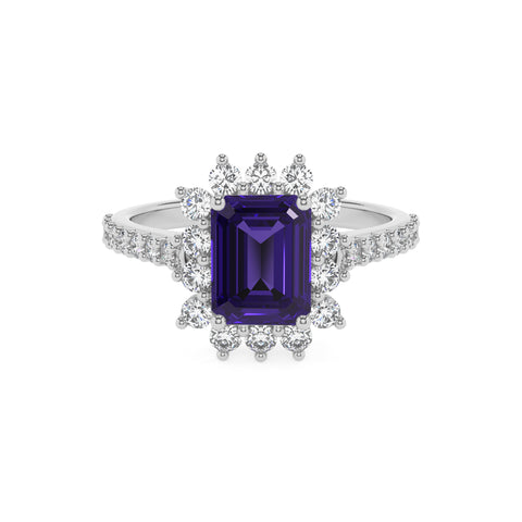 lab-grown tanzanite emerald half eterity halo solitaire engagement ring