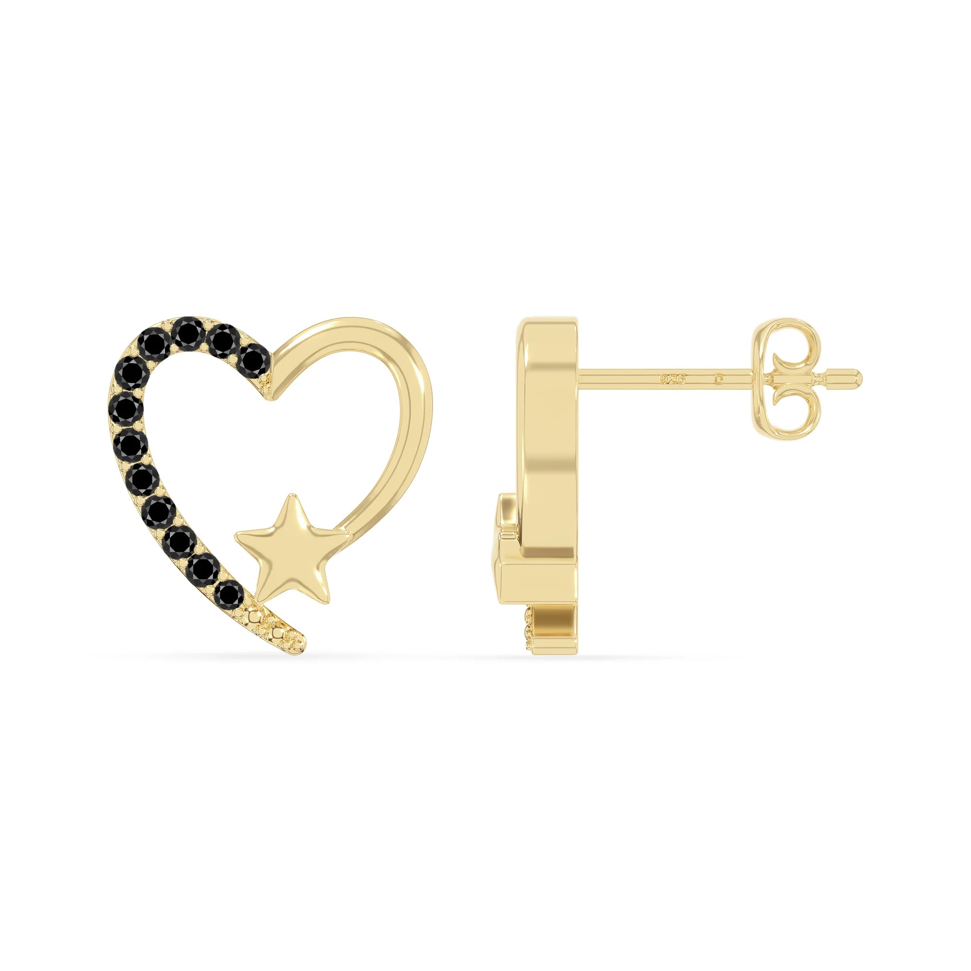 natural black-onyx heart-star stud earrings in yellow gold vermeil 